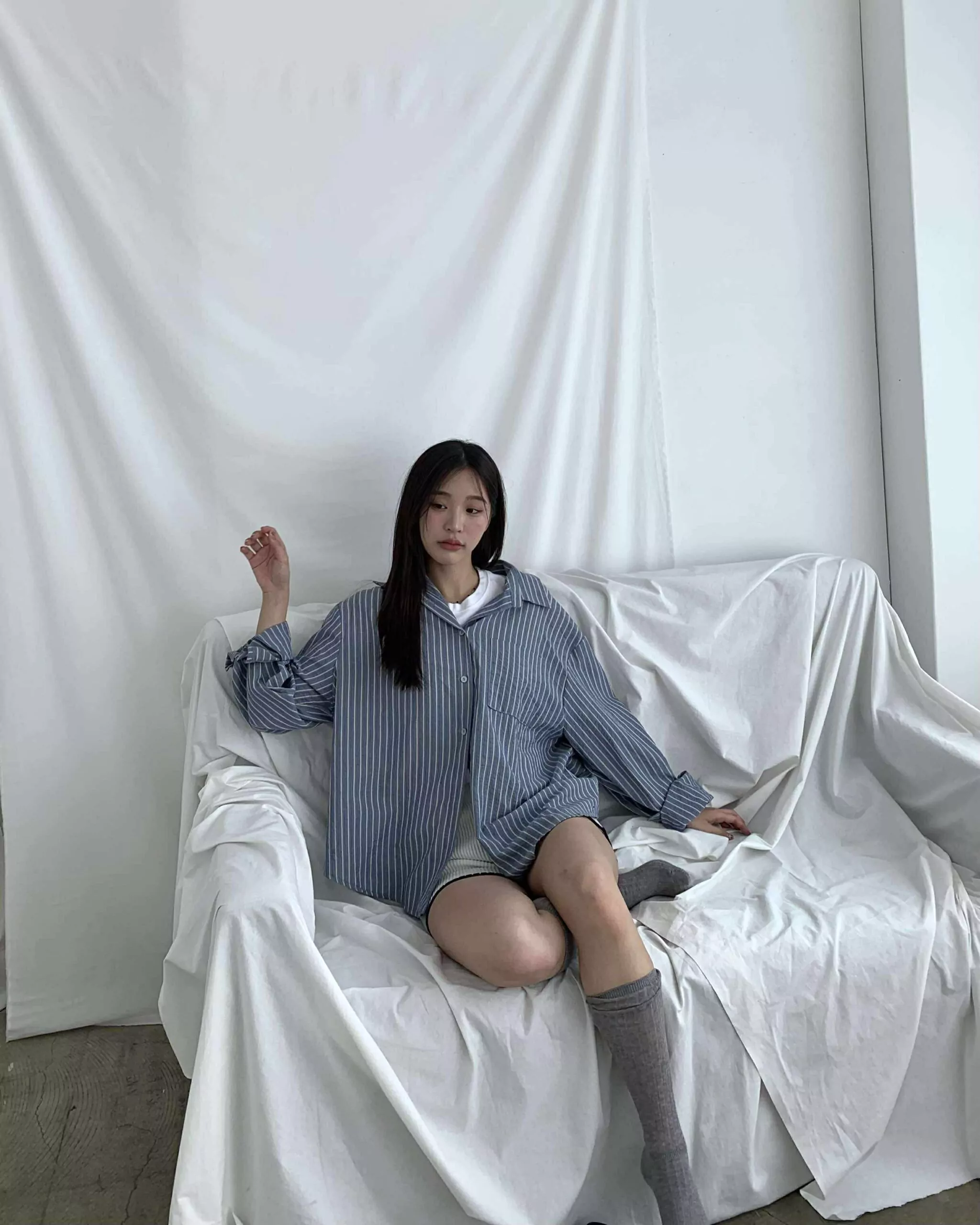 推薦！完美版型拿鐵條紋襯衫 (藍)