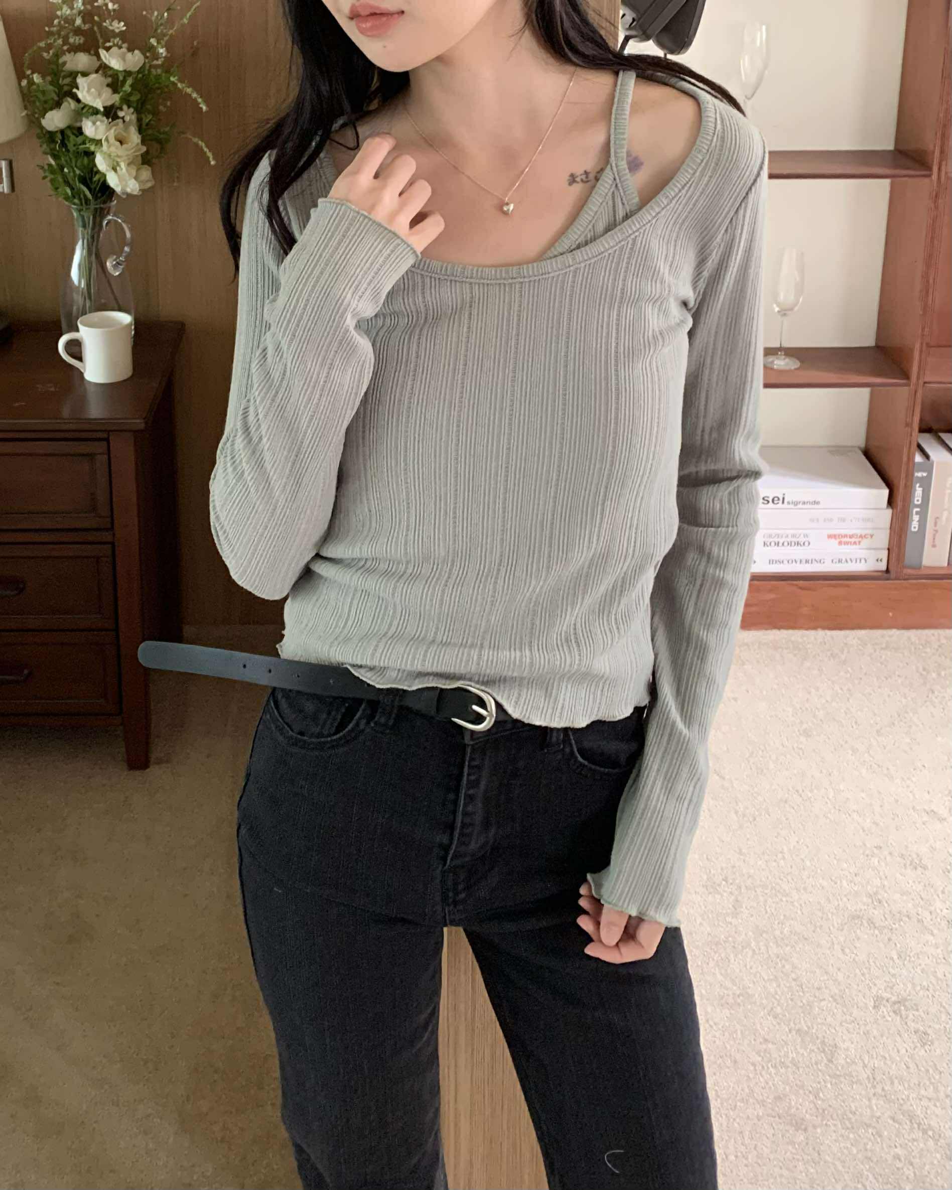 小性感坑條疊穿針織上衣 (綠)