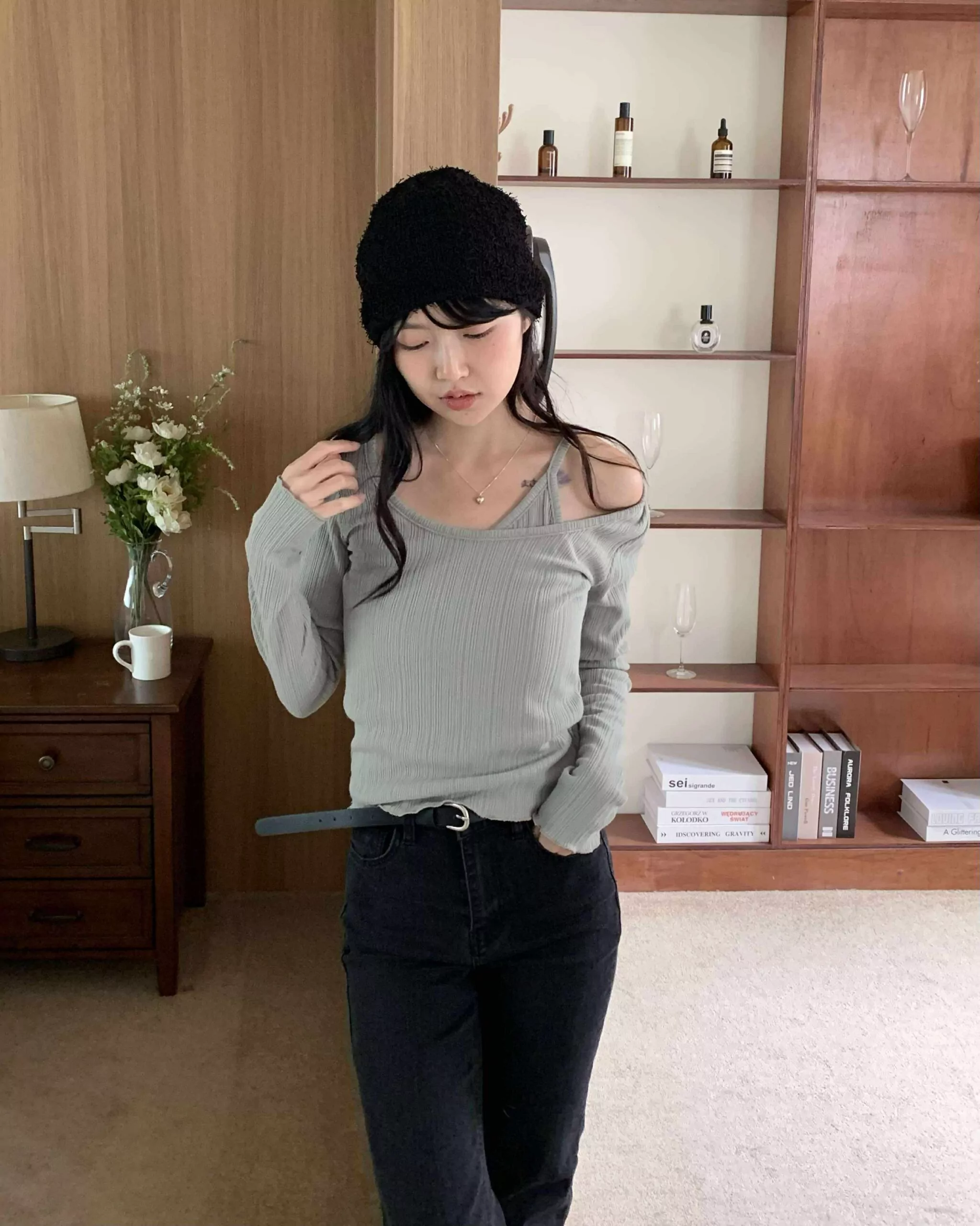 小性感坑條疊穿針織上衣 (綠)