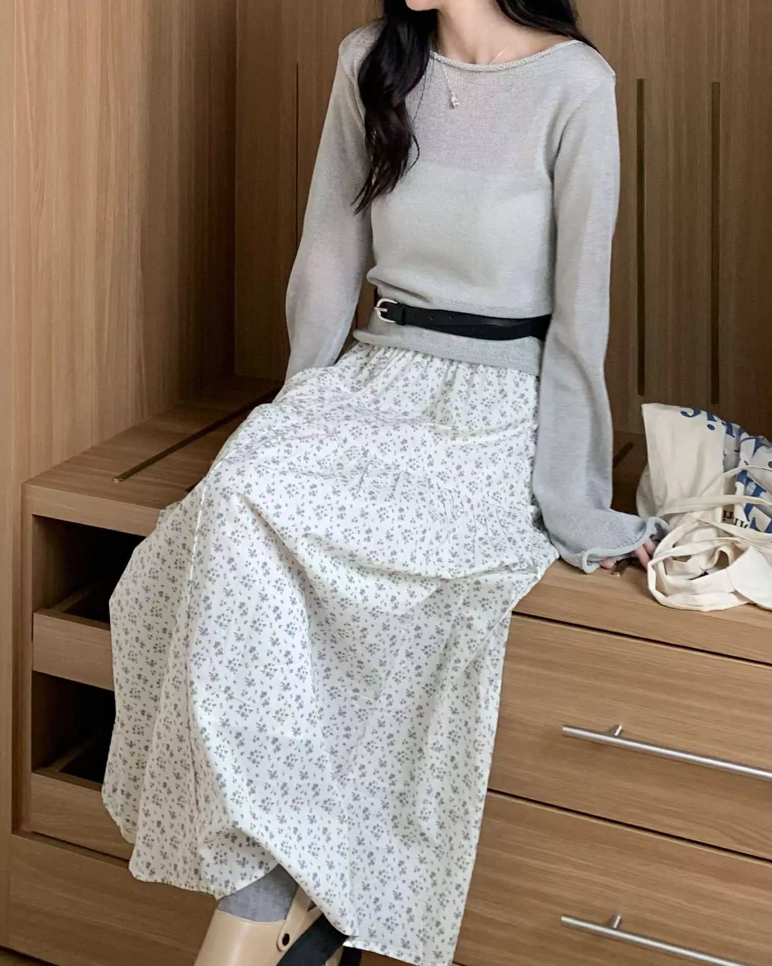 小姊姊浪漫花朵長裙 (白)