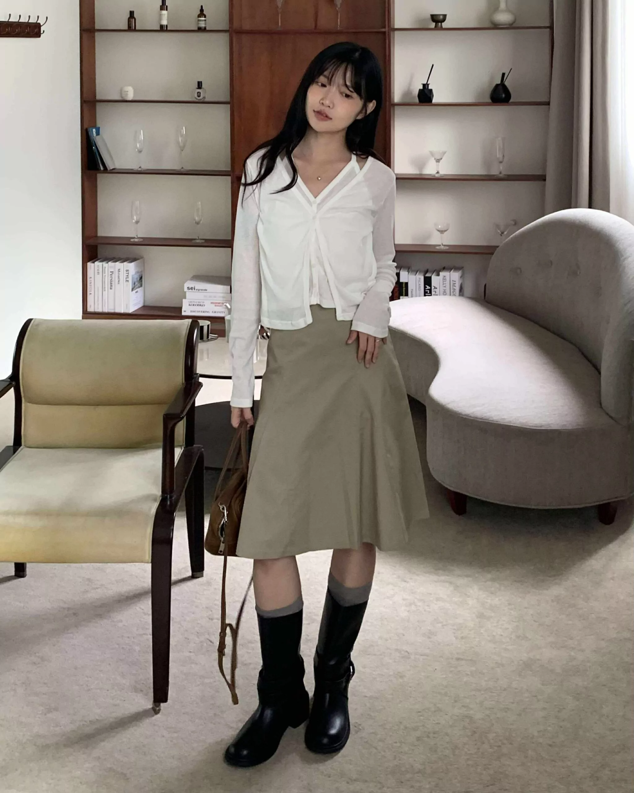 部落客時髦及膝裙 (卡其杏)