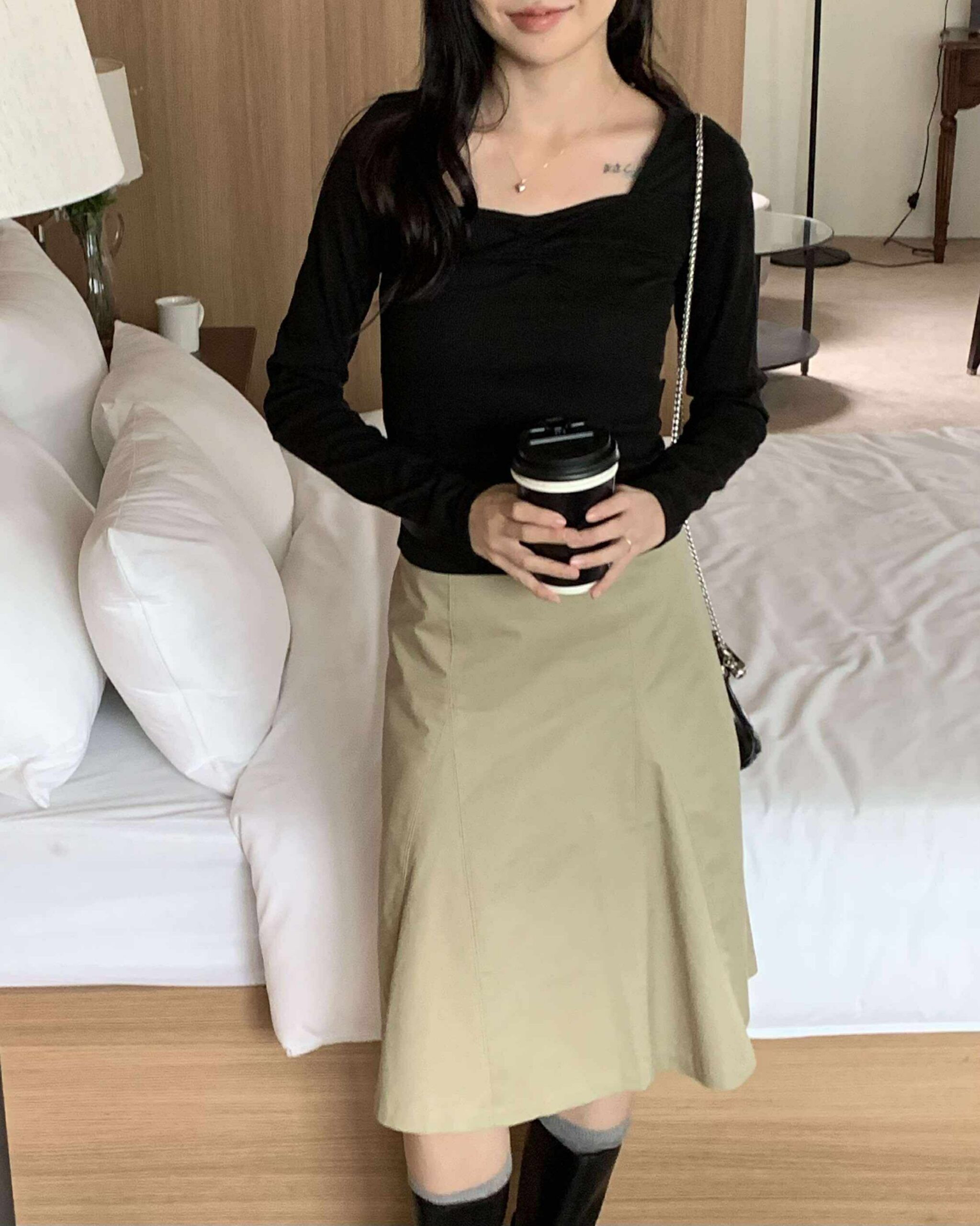 部落客時髦及膝裙 (卡其杏)