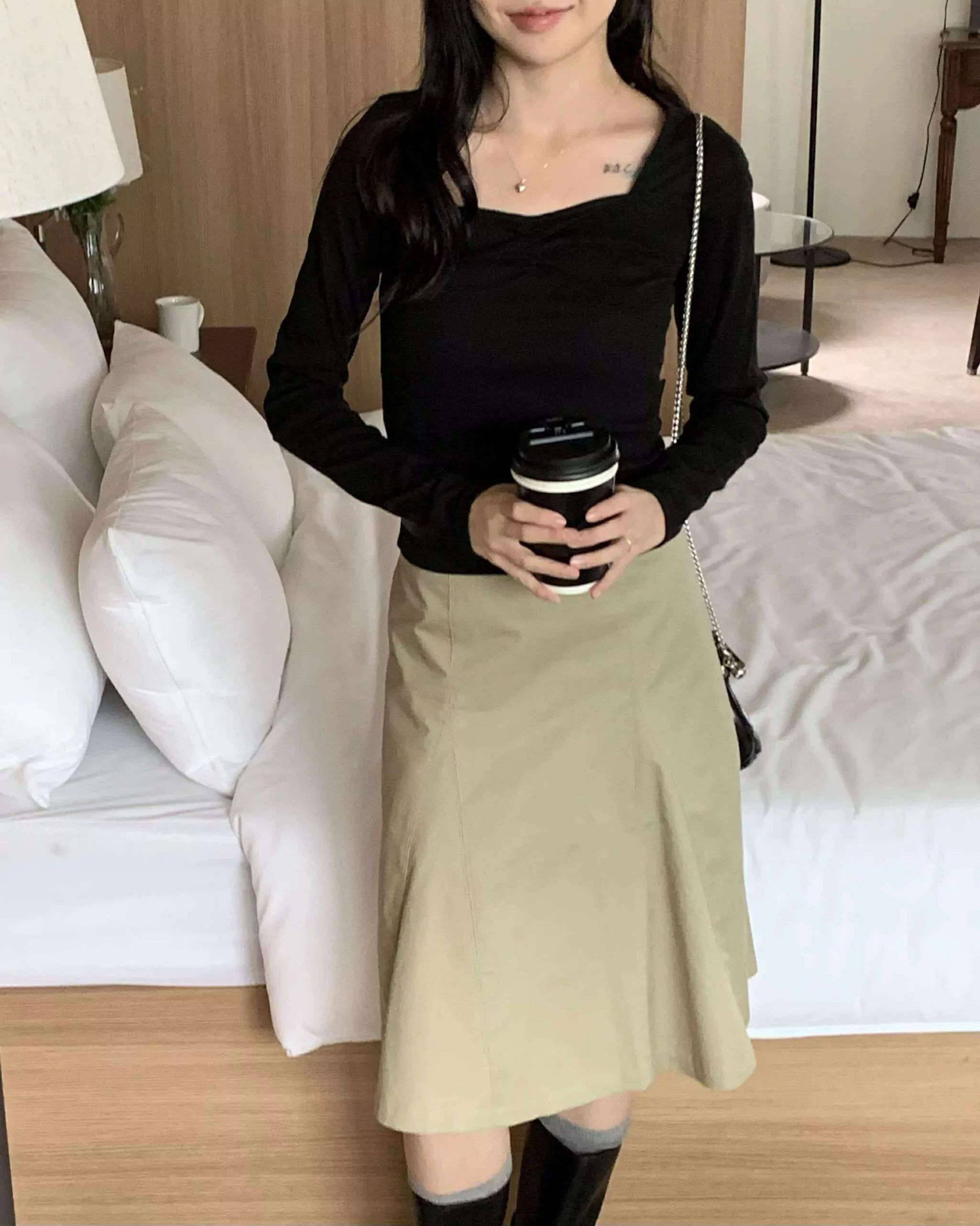 部落客時髦及膝裙 (卡其杏)