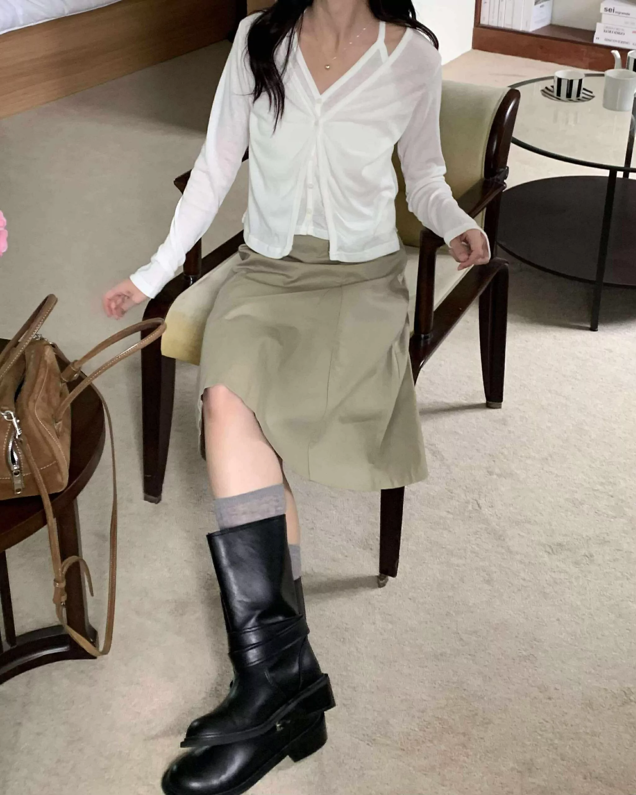 部落客時髦及膝裙 (卡其杏)