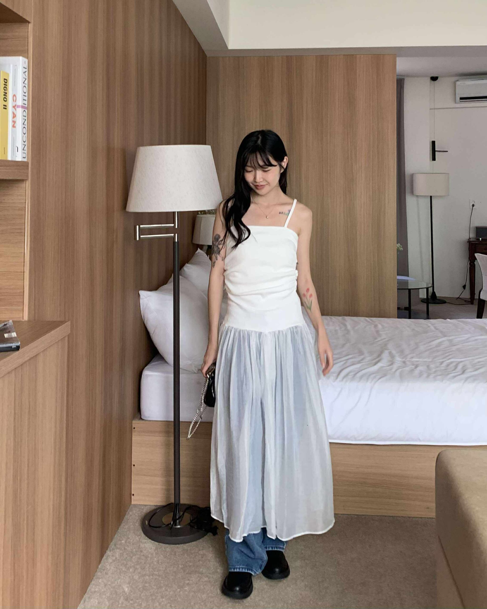 小仙女低腰拼接紗裙洋裝(白)