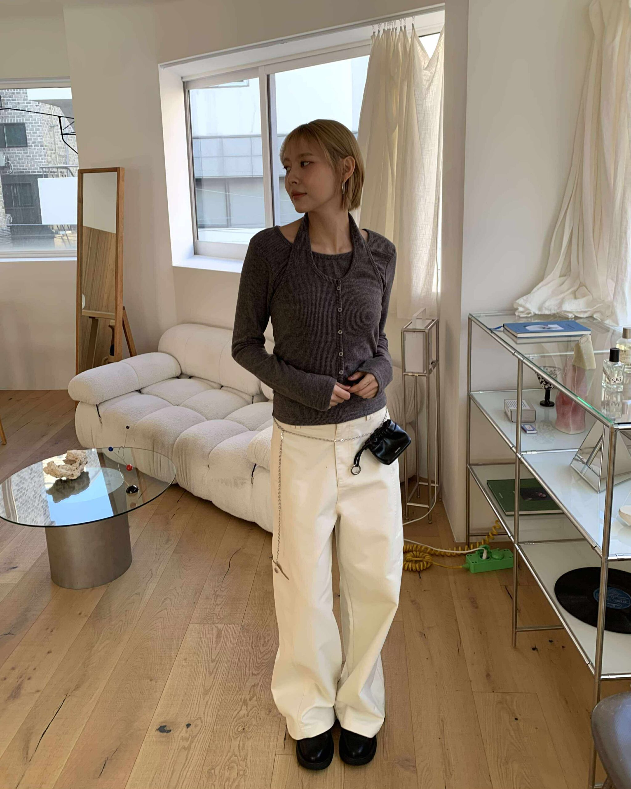 歐膩磨毛繞頸疊穿set (灰)