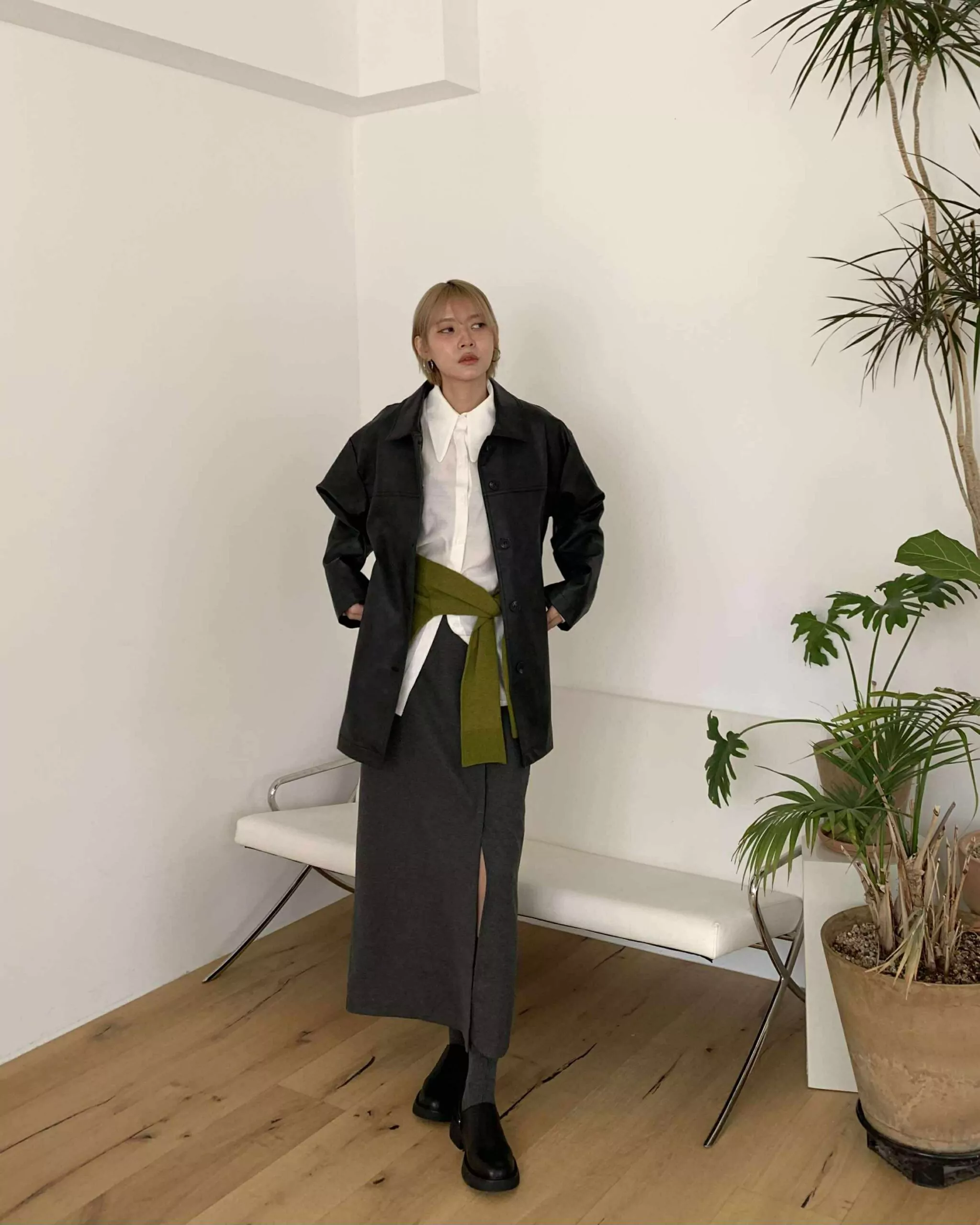 時髦毛呢開衩西裙 (灰)