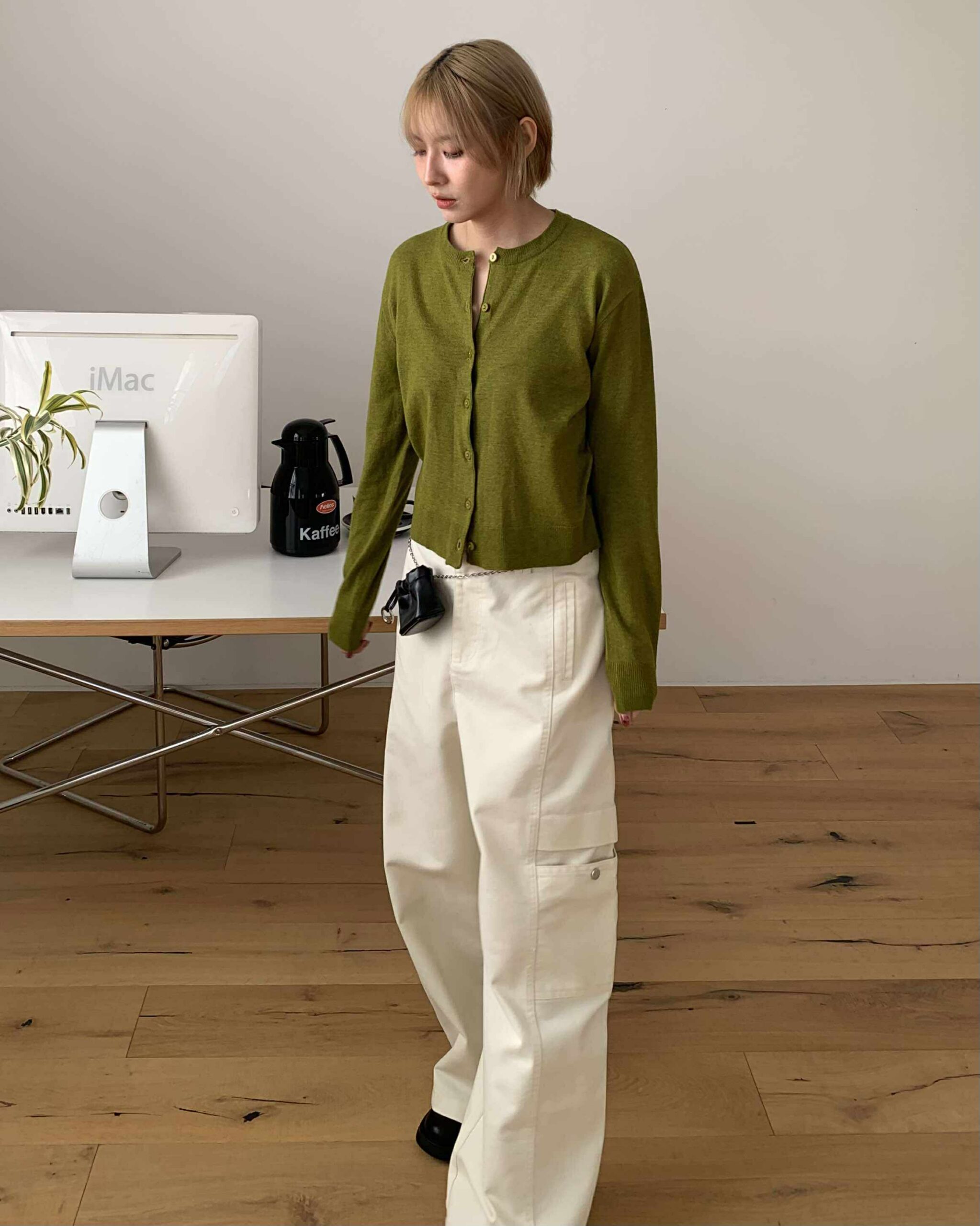 個性挺版口袋寬褲 (米白)