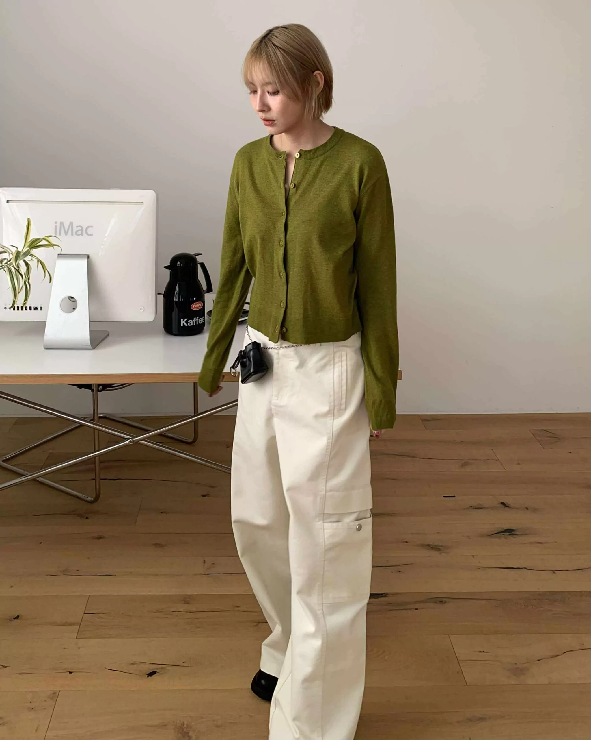 個性挺版口袋寬褲 (米白)