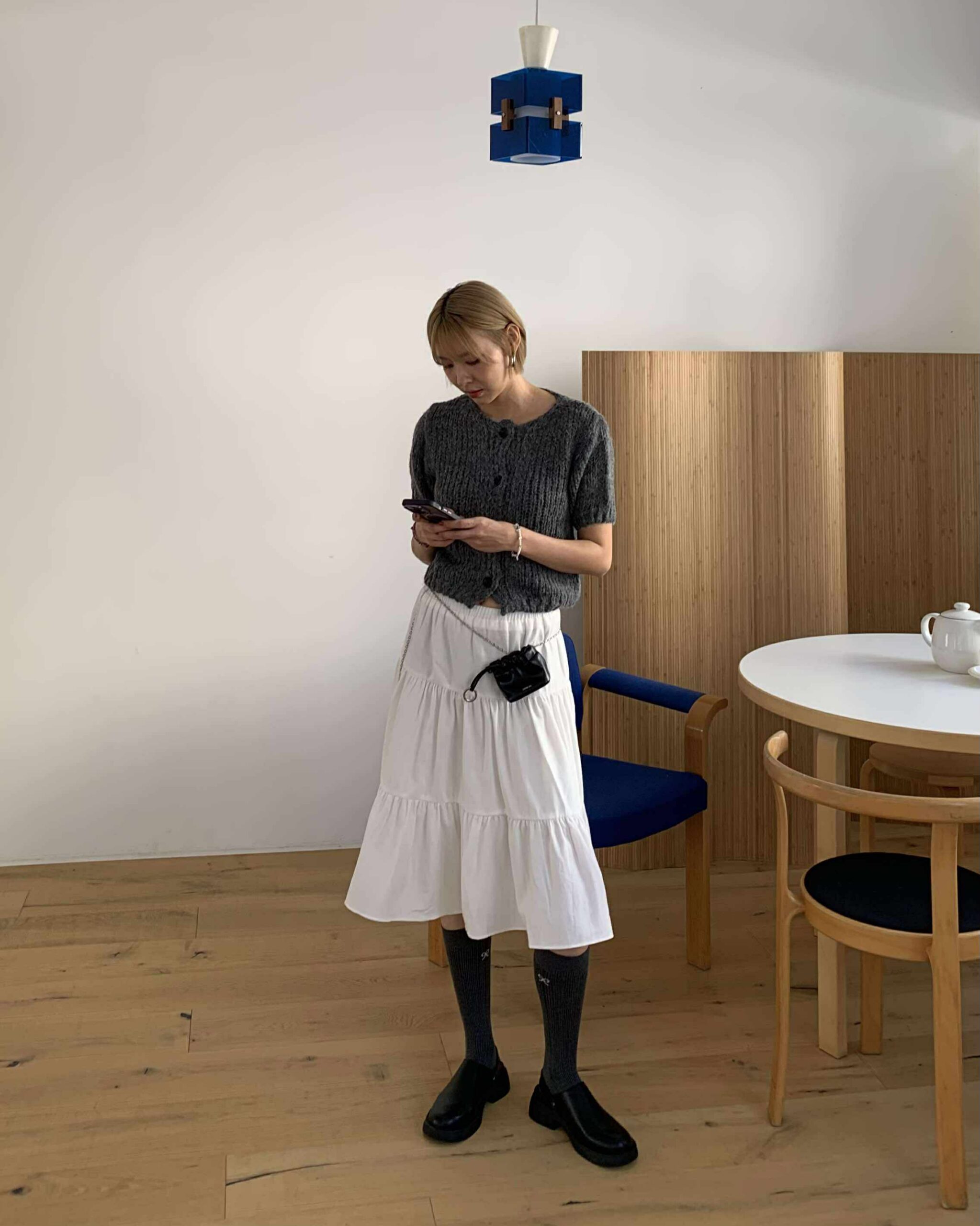 歐膩針織短袖排扣上衣 (灰)