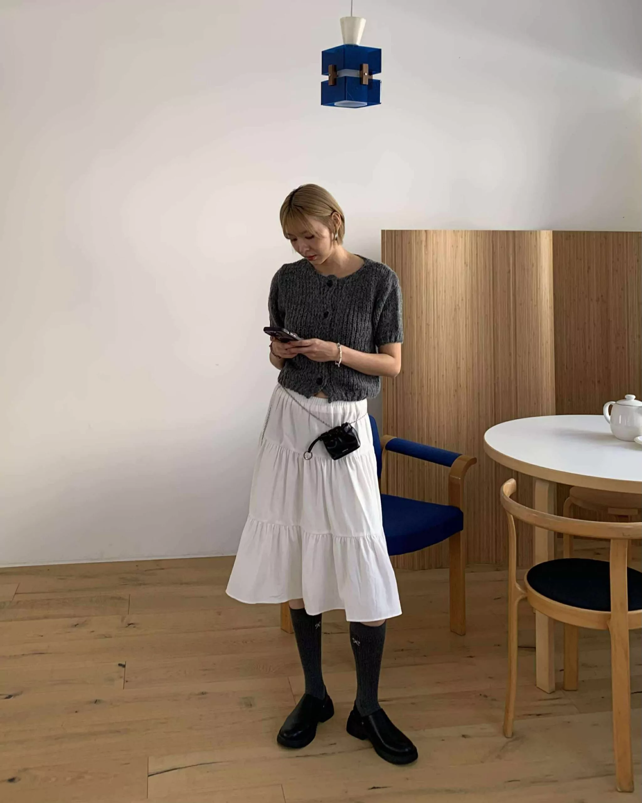 歐膩針織短袖排扣上衣 (灰)