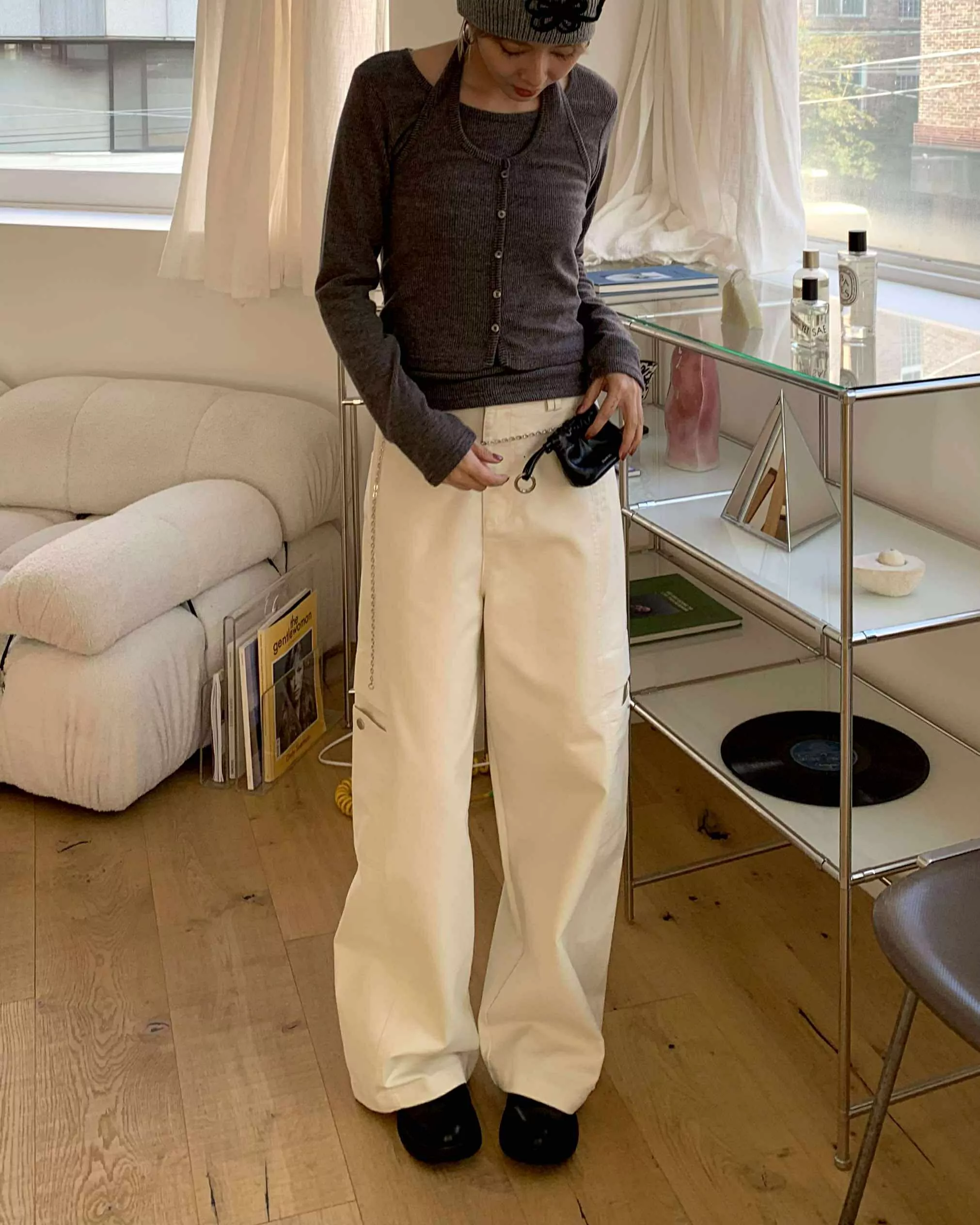 個性挺版口袋寬褲 (米白)