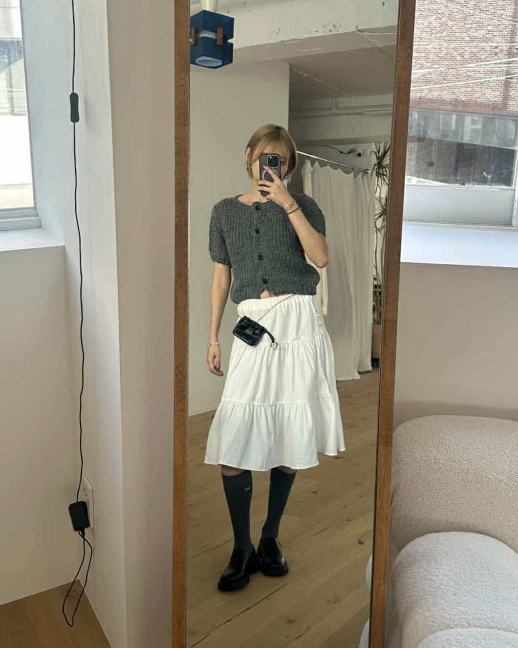 歐膩針織短袖排扣上衣 (灰)