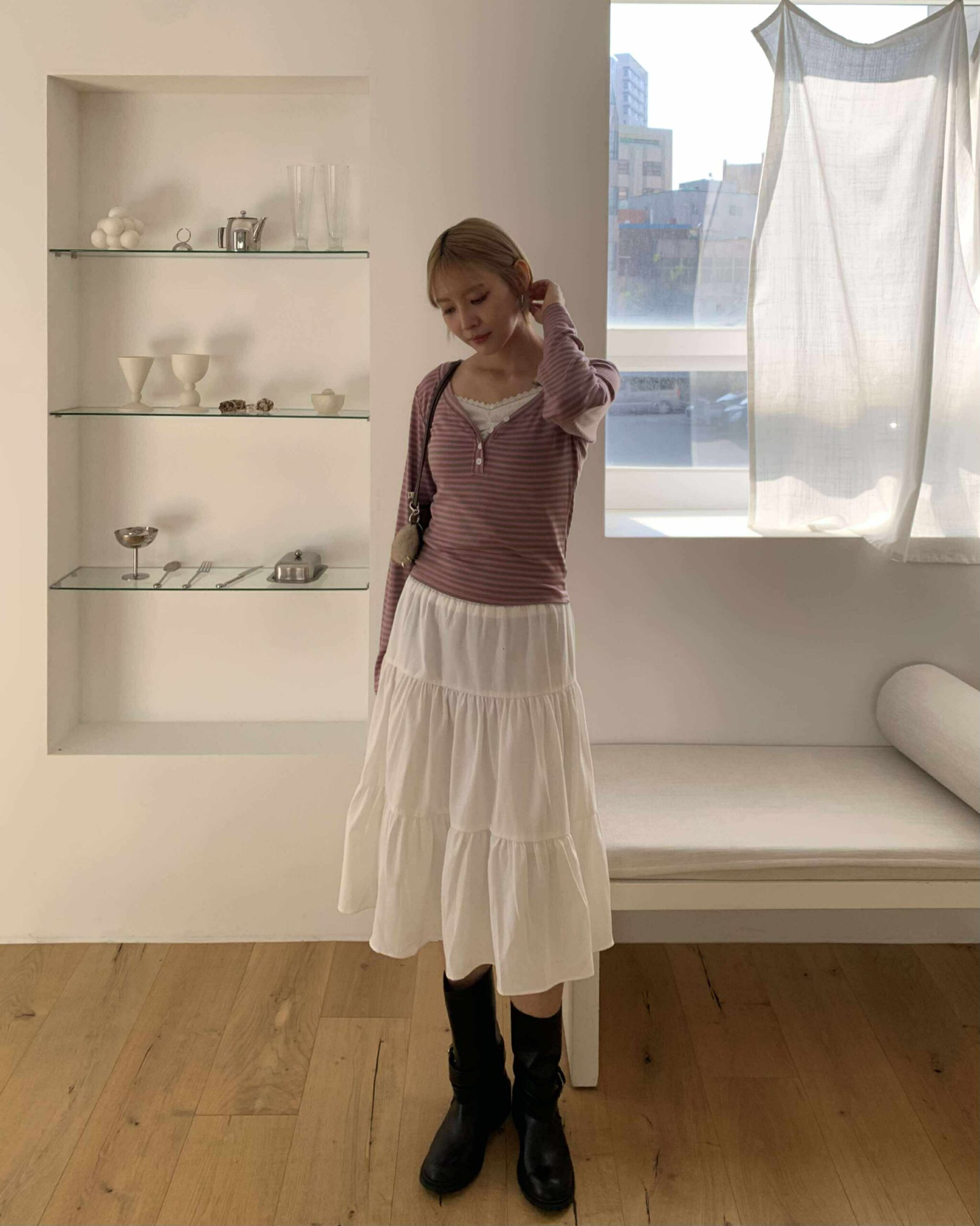 時髦條紋V領上衣 (粉)