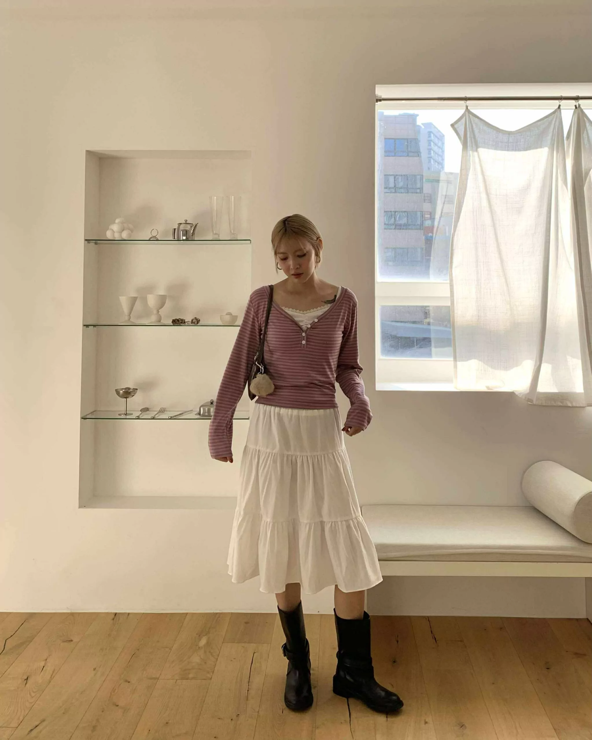 時髦條紋V領上衣 (粉)