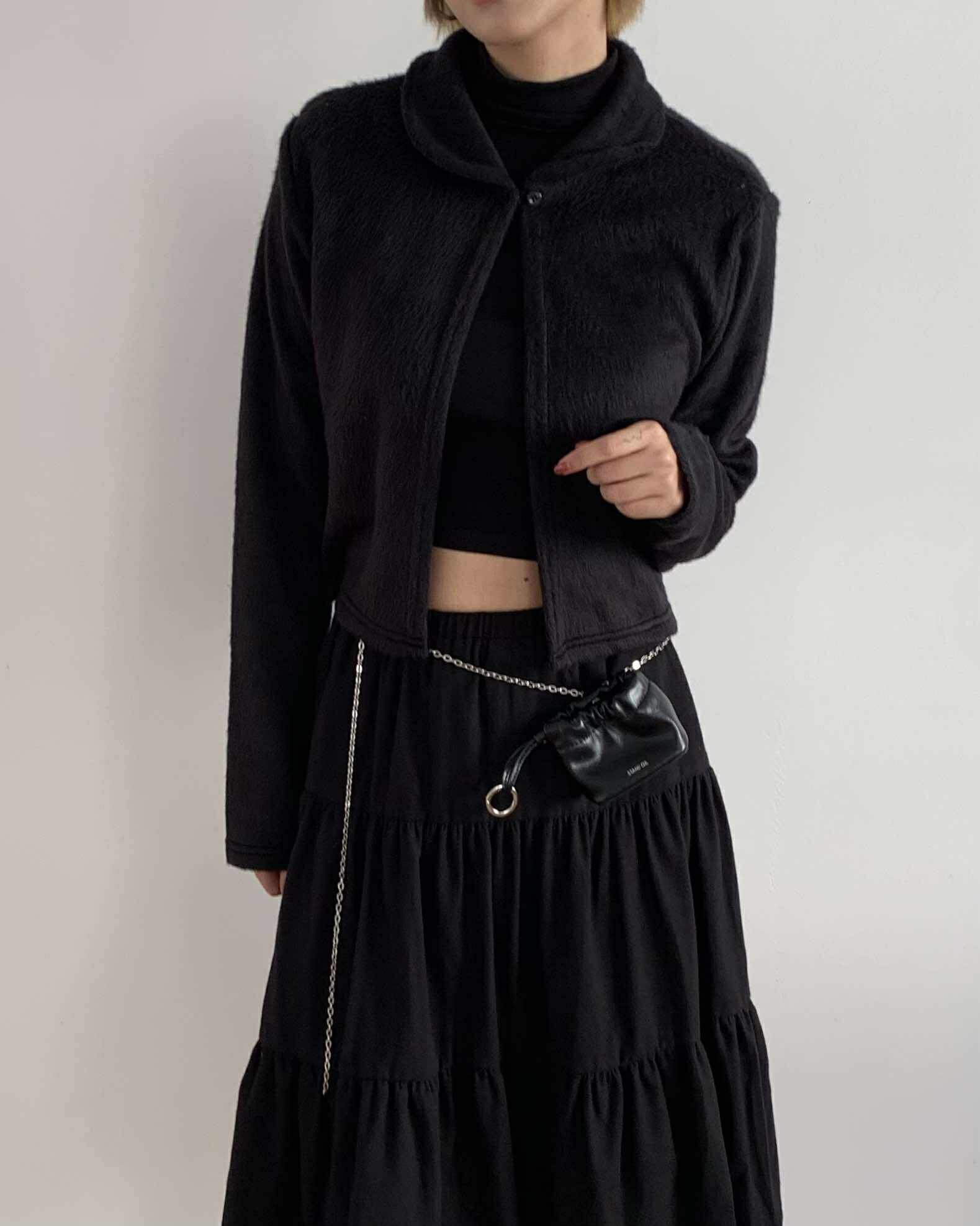 小領單釦摩毛外套 (黑)