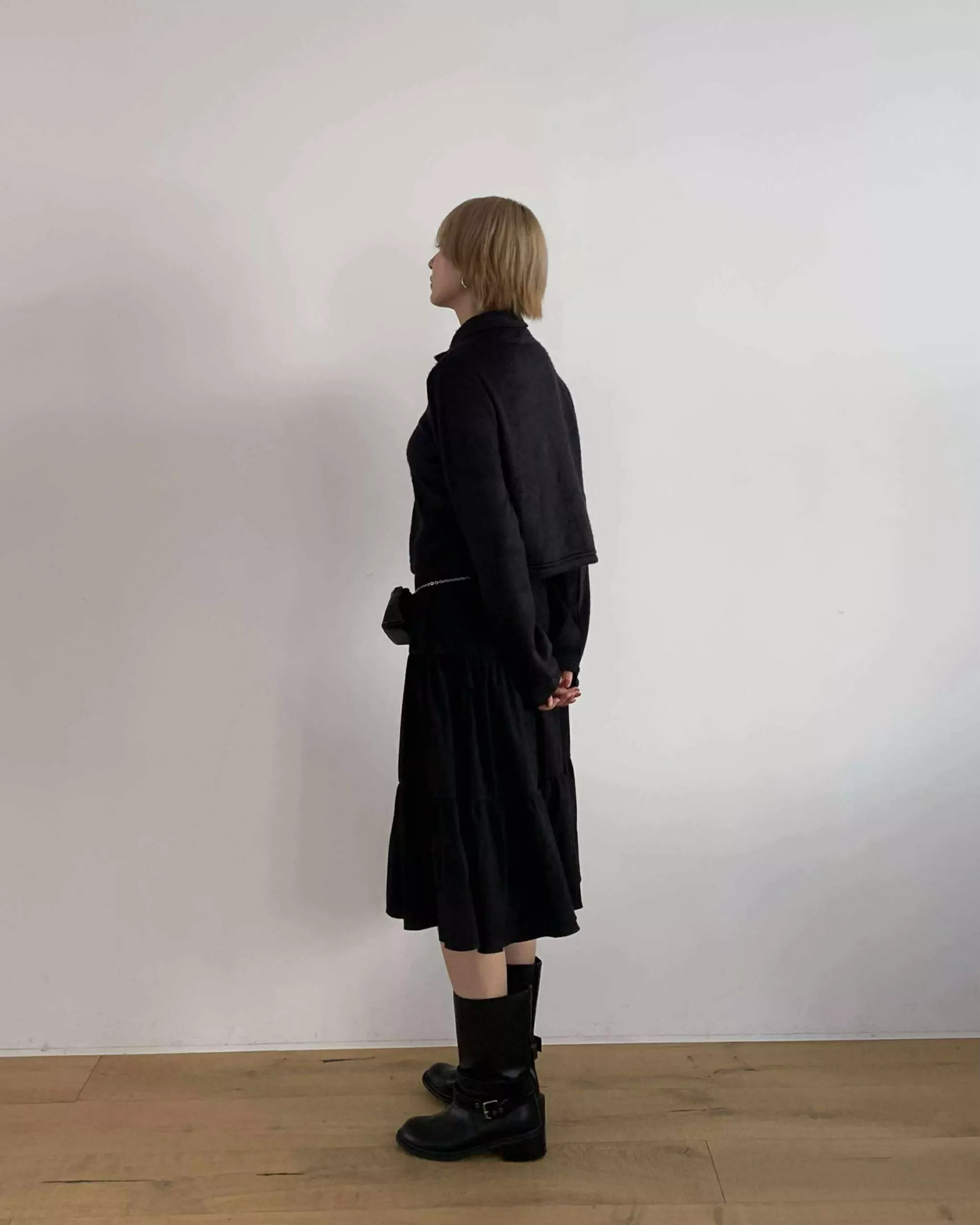 小領單釦摩毛外套 (黑)