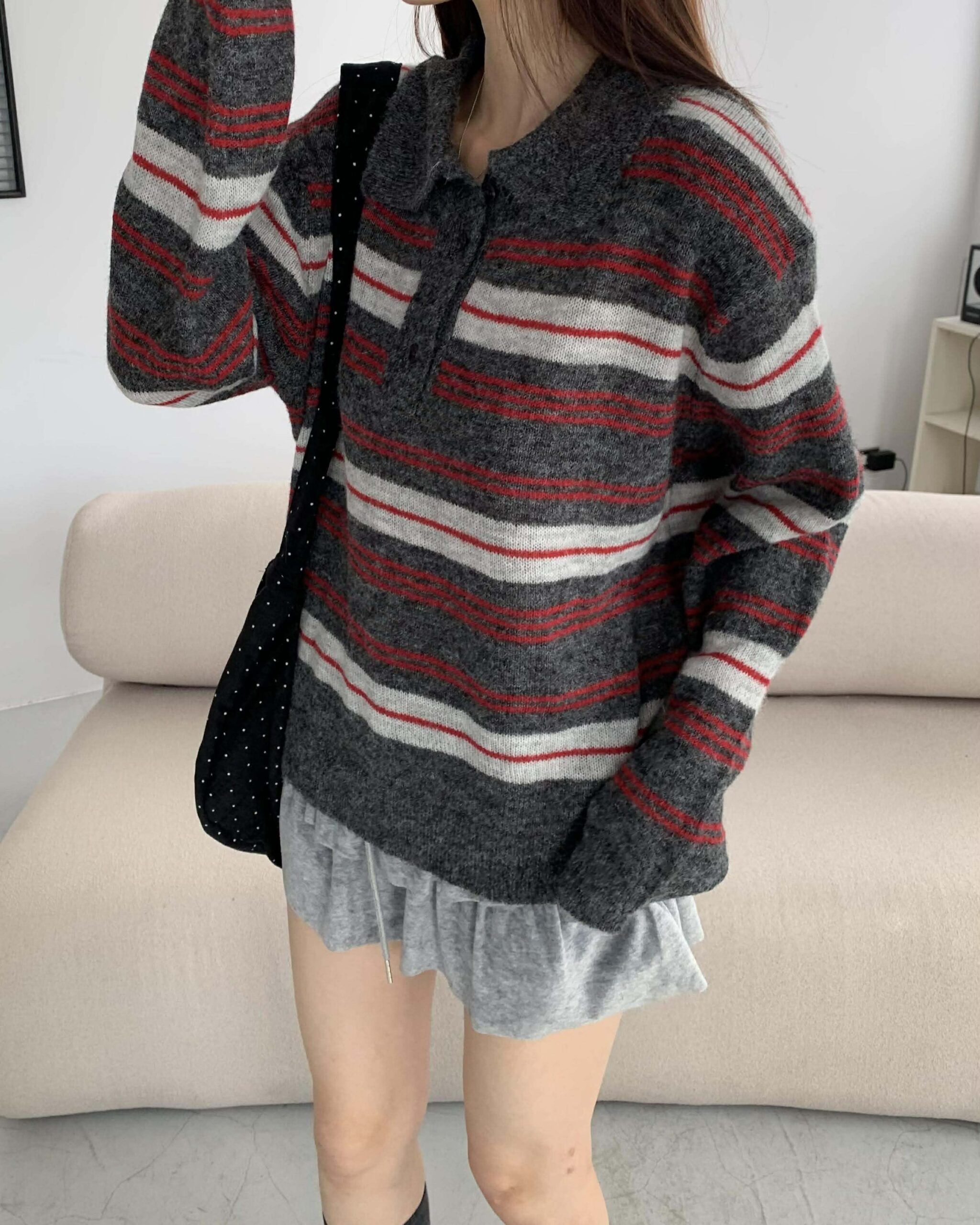 時髦條紋針織polo上衣 (深灰)