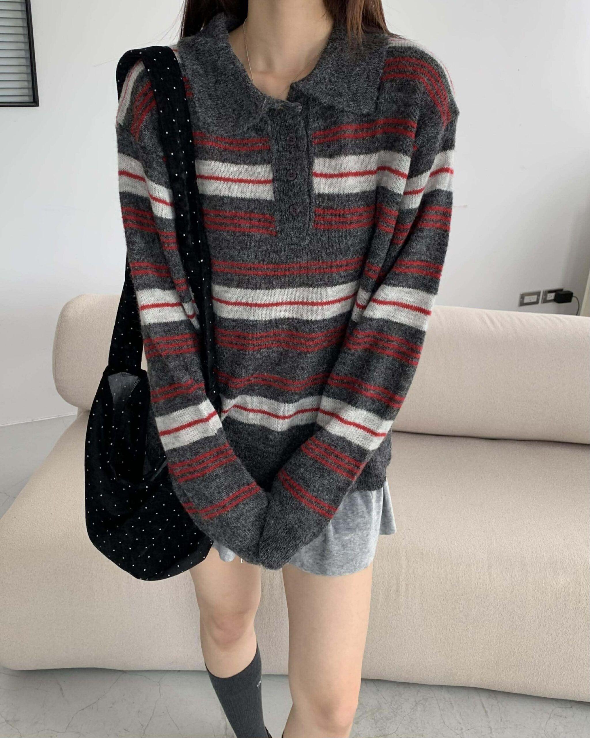 時髦條紋針織polo上衣 (深灰)