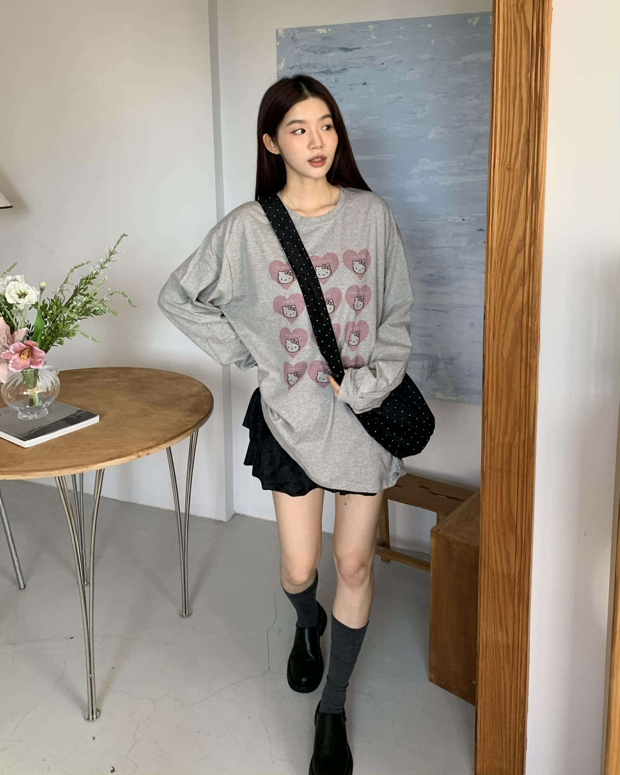 粉紅泡泡貓咪Ｔ (灰)