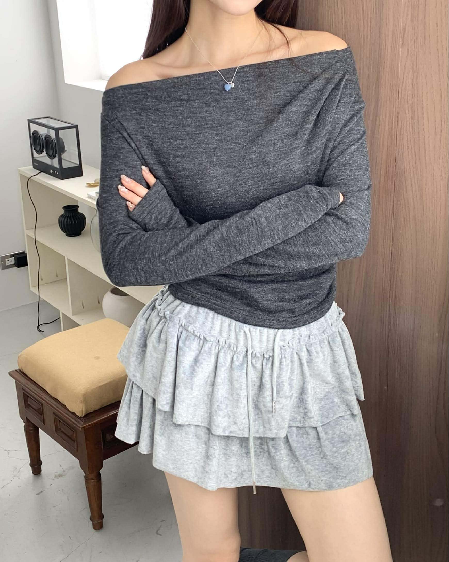 質感辣妹絨面蛋糕短裙 (灰)