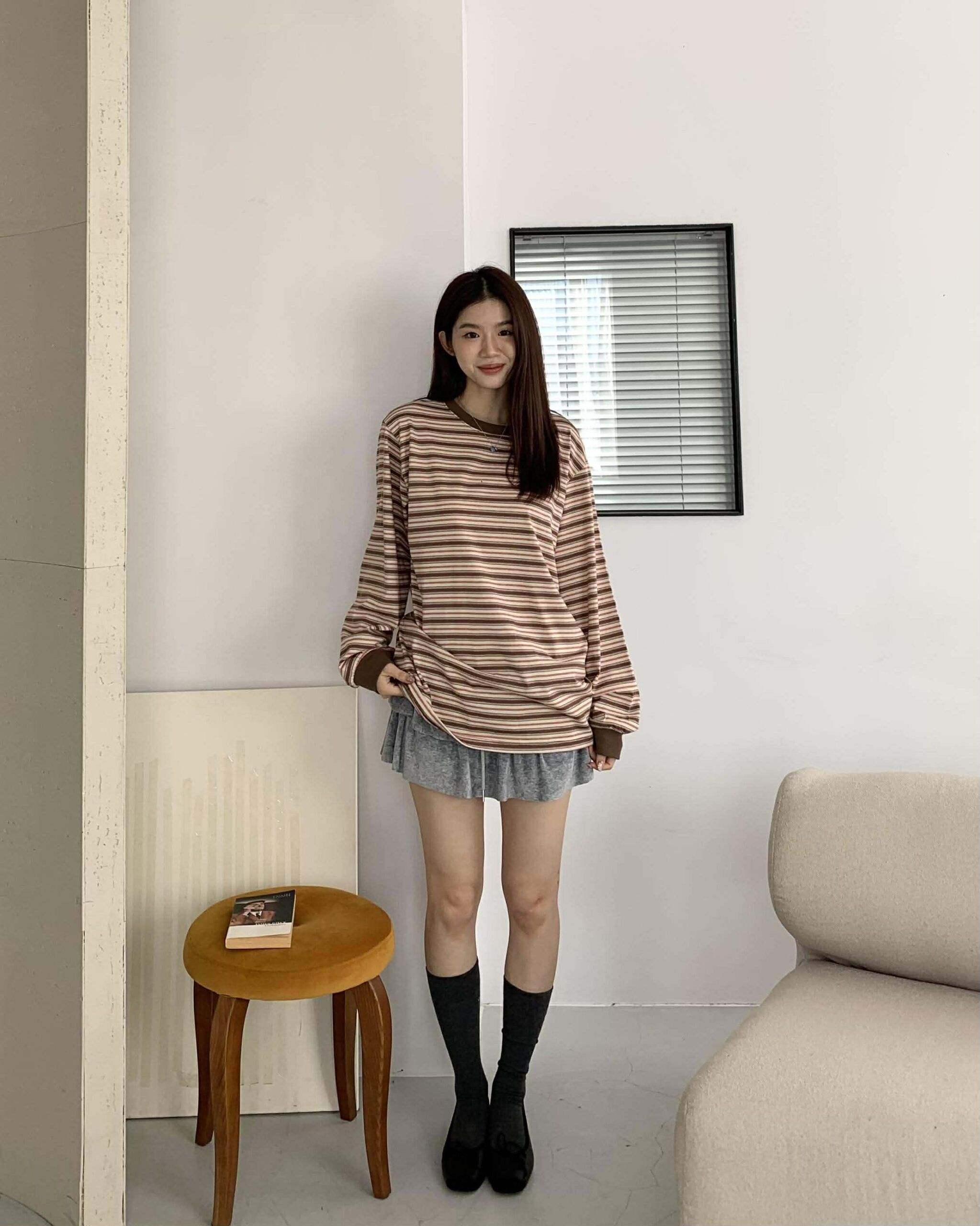 越看越喜歡條紋長版上衣 (棕)