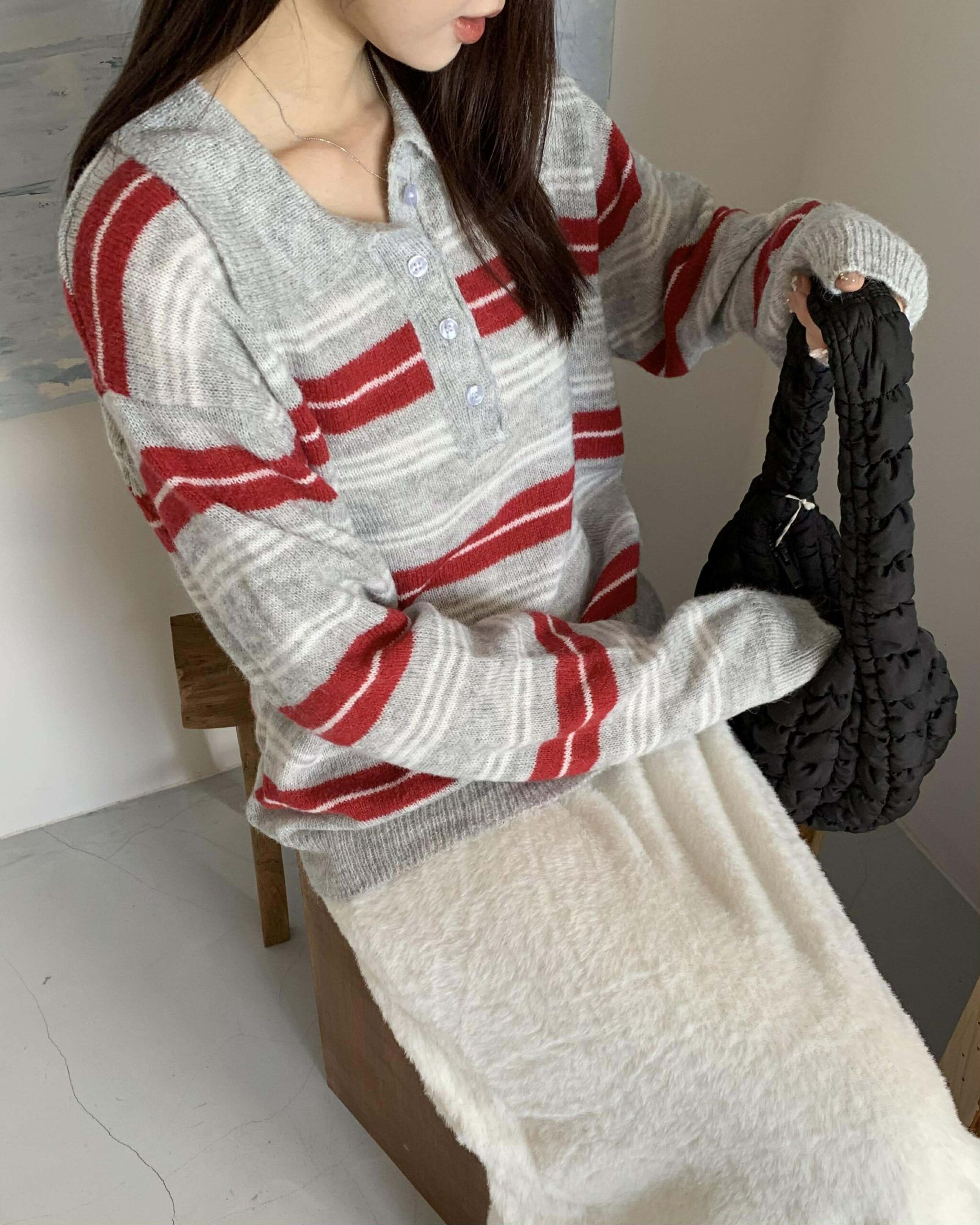 時髦條紋針織polo上衣 (淺灰)