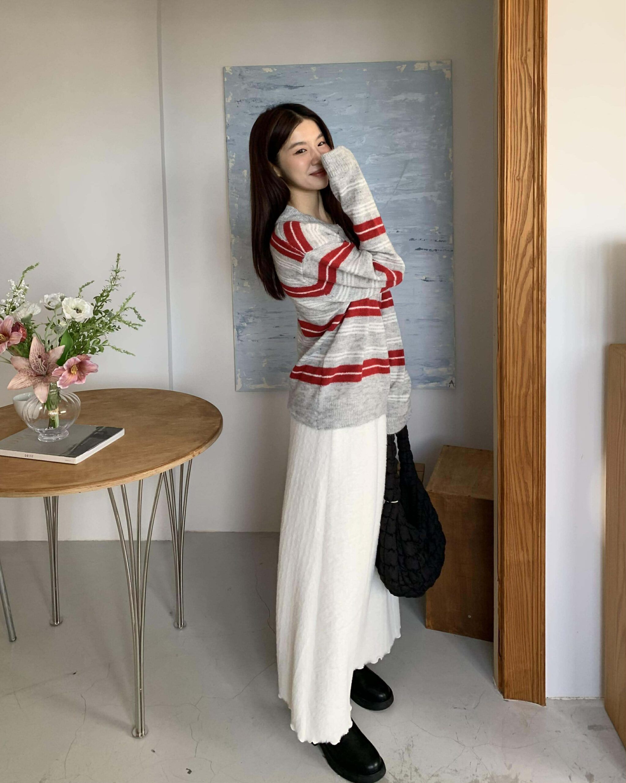 時髦條紋針織polo上衣 (淺灰)