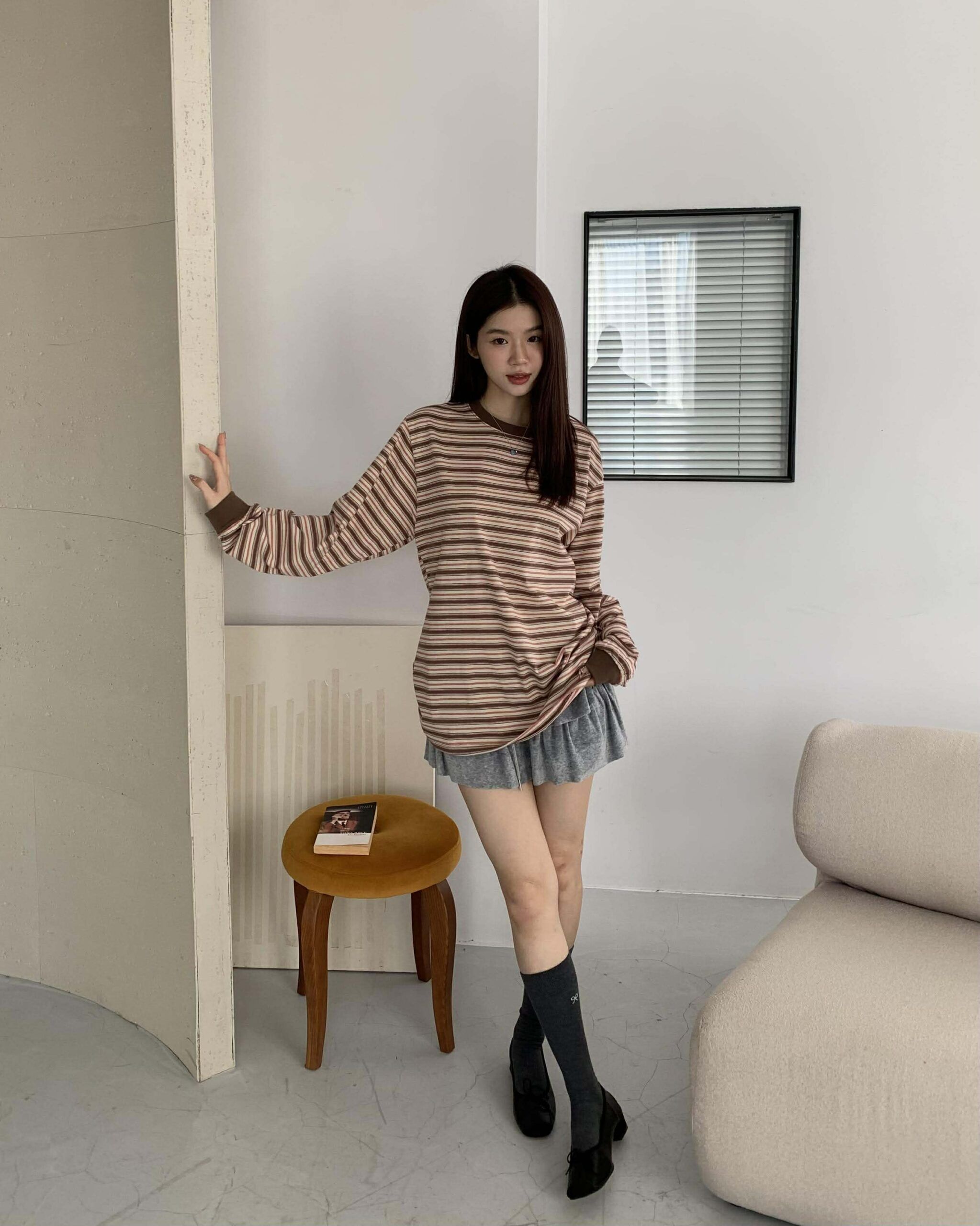 越看越喜歡條紋長版上衣 (棕)