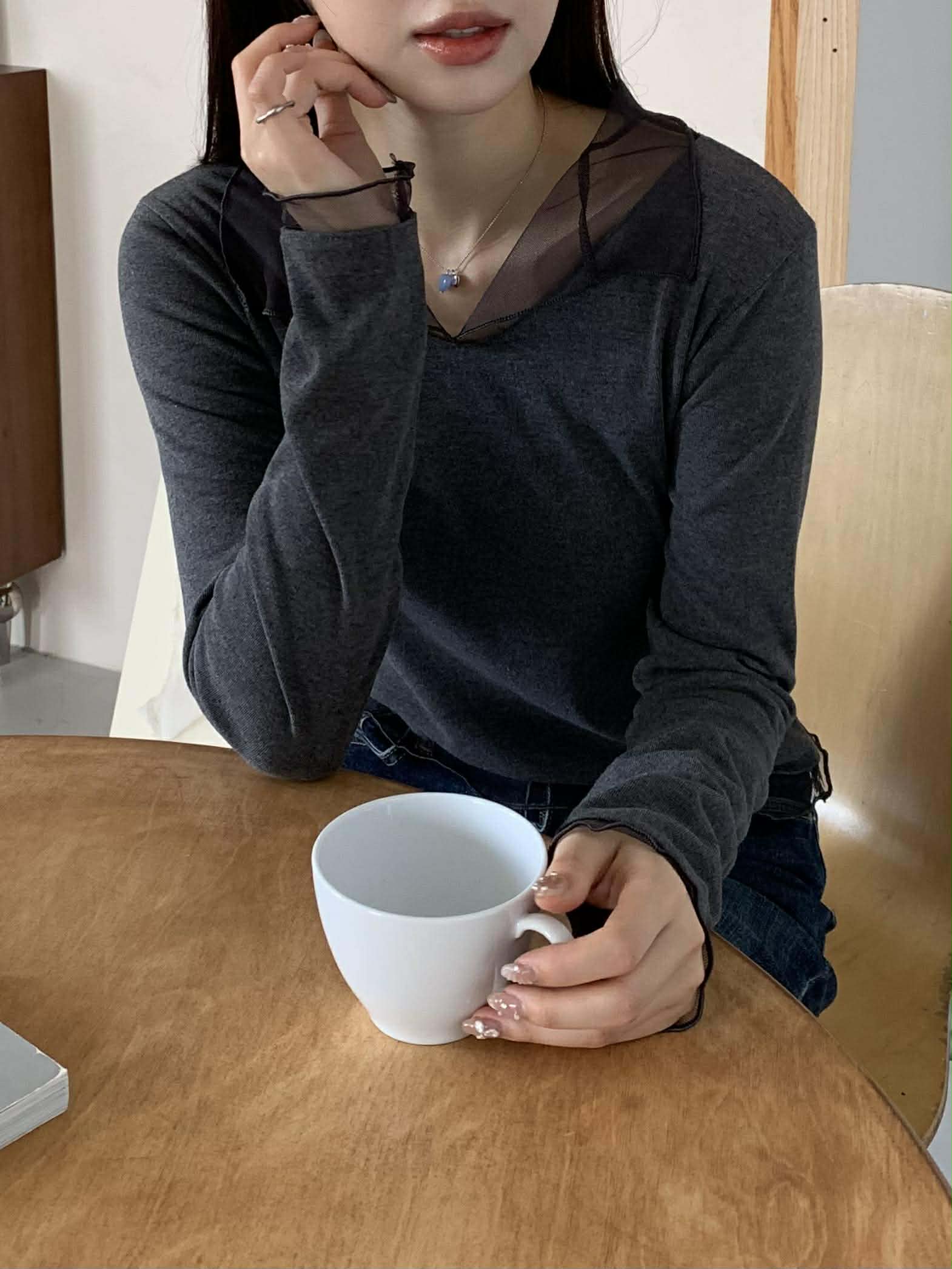 部落客網紗層次上衣 (灰)