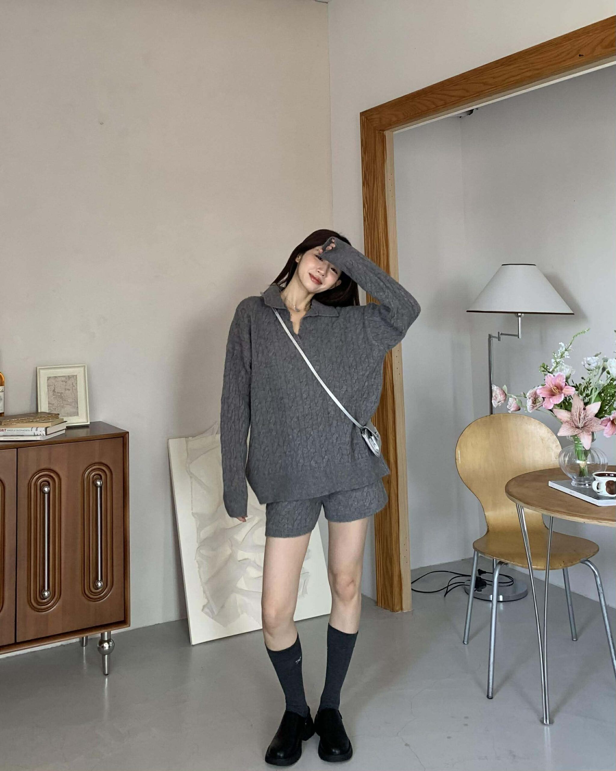 冬日感性翻領麻花套裝 (灰)