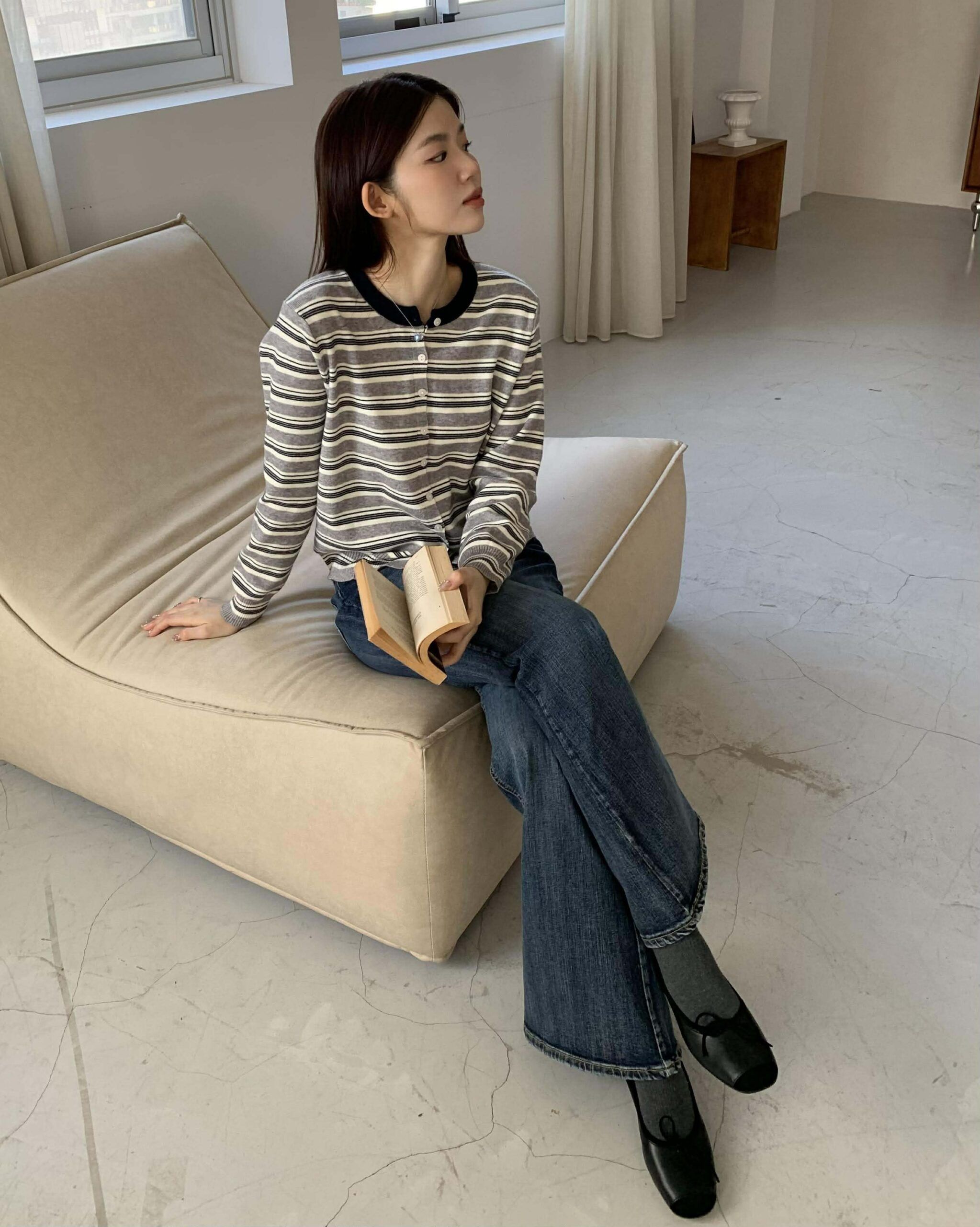 漢南洞條紋排扣針織外套 (黑)