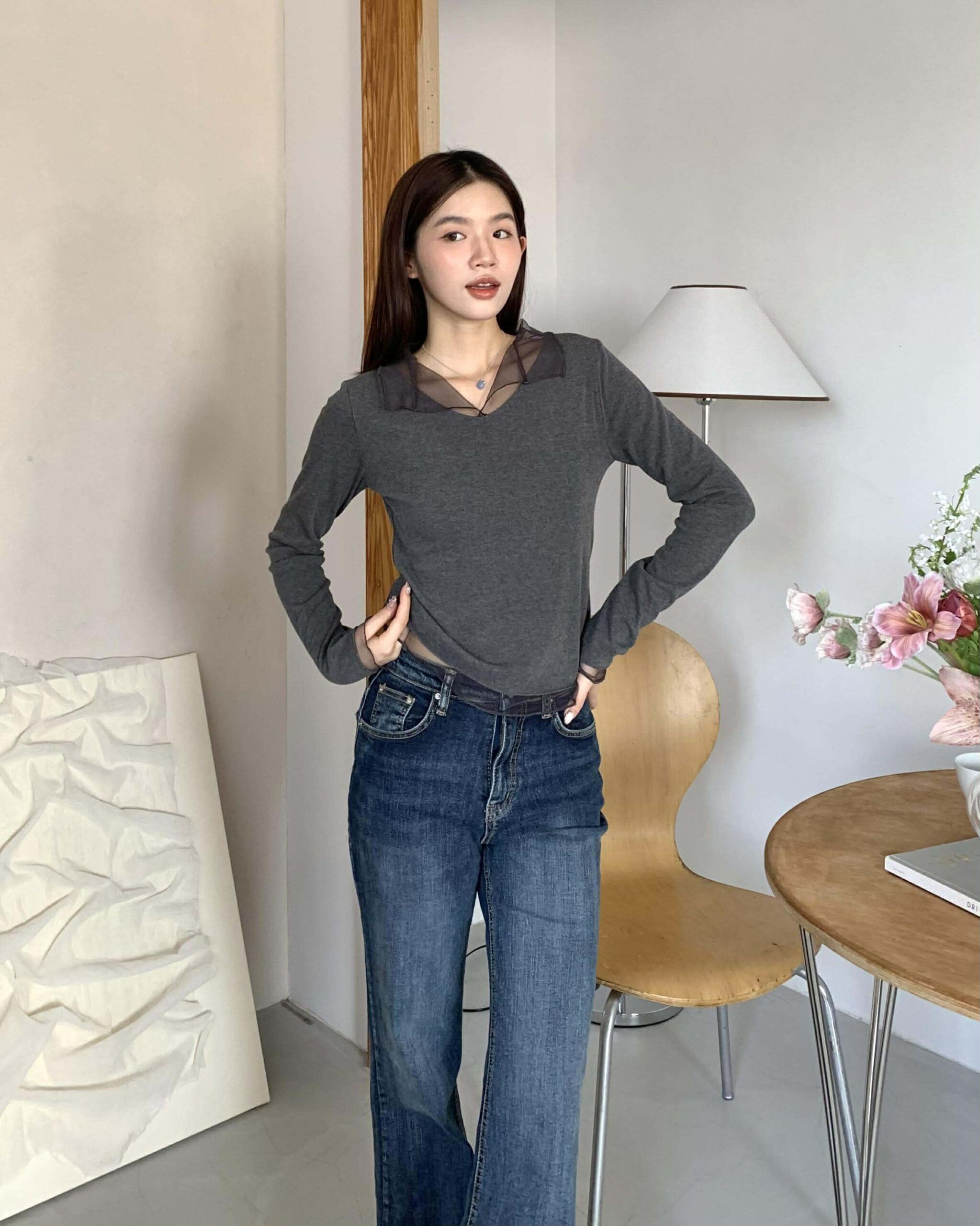 部落客網紗層次上衣 (灰)