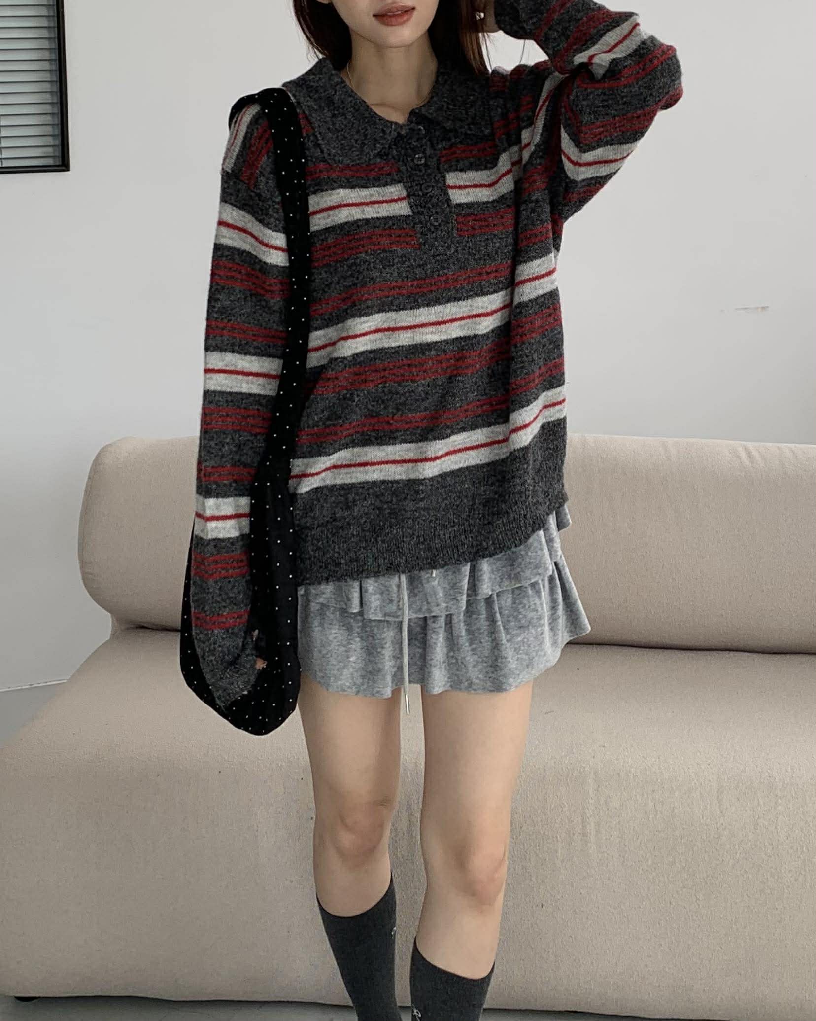 時髦條紋針織polo上衣 (深灰)