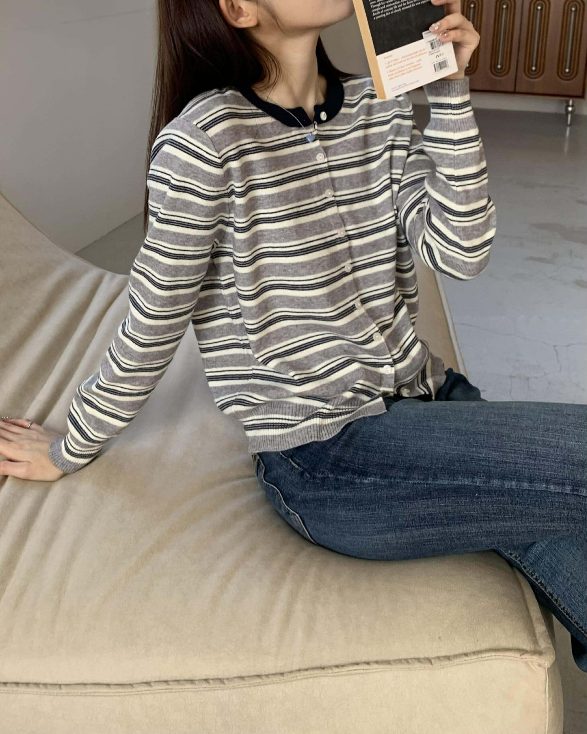 漢南洞條紋排扣針織外套 (黑)