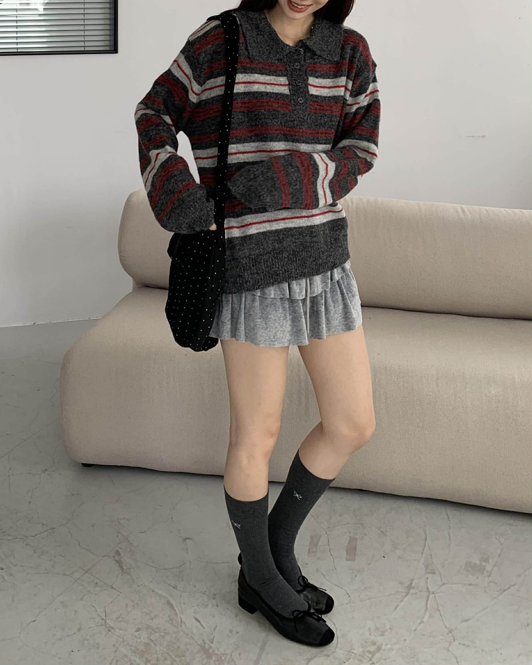 時髦條紋針織polo上衣 (深灰)