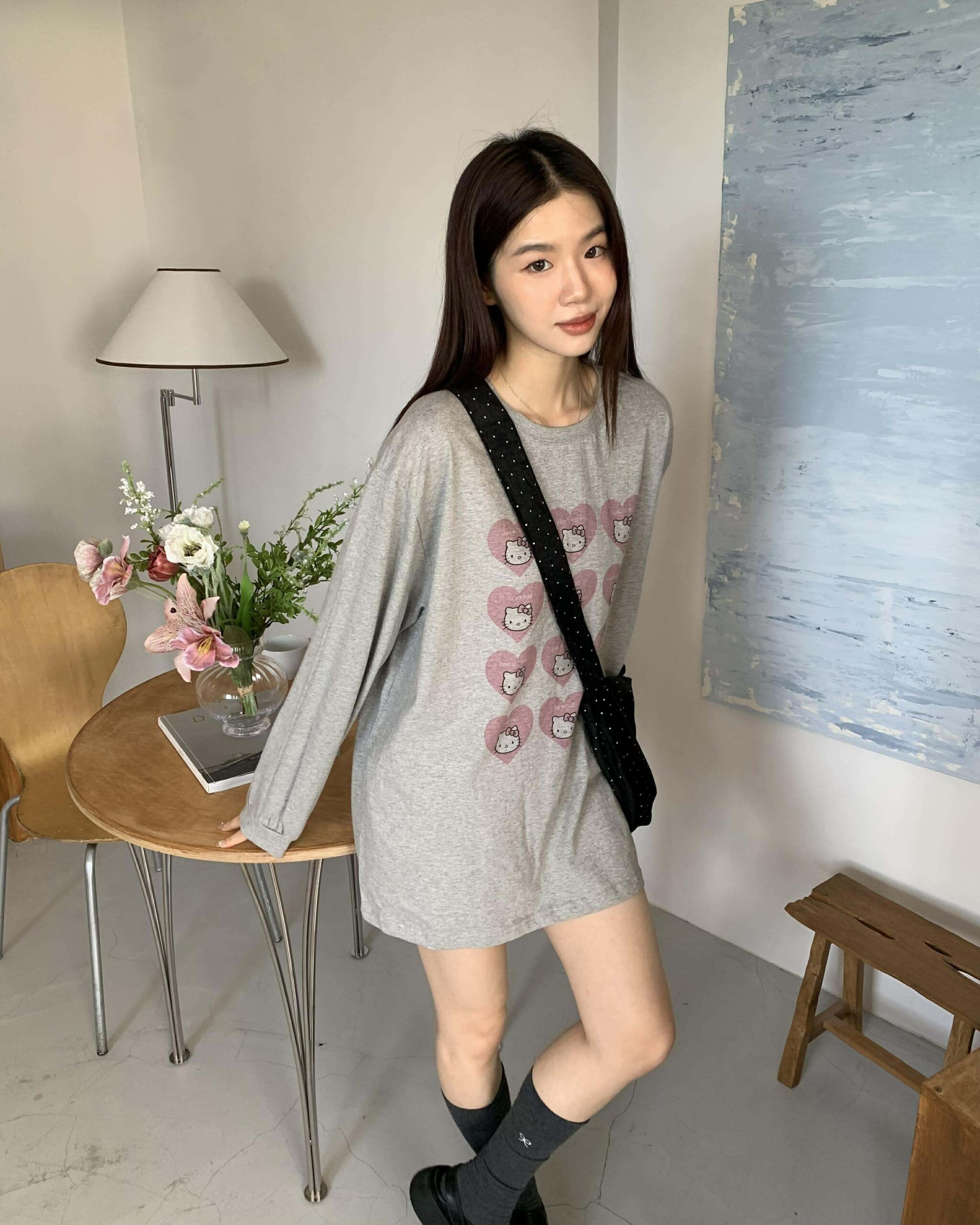 粉紅泡泡貓咪Ｔ (灰)