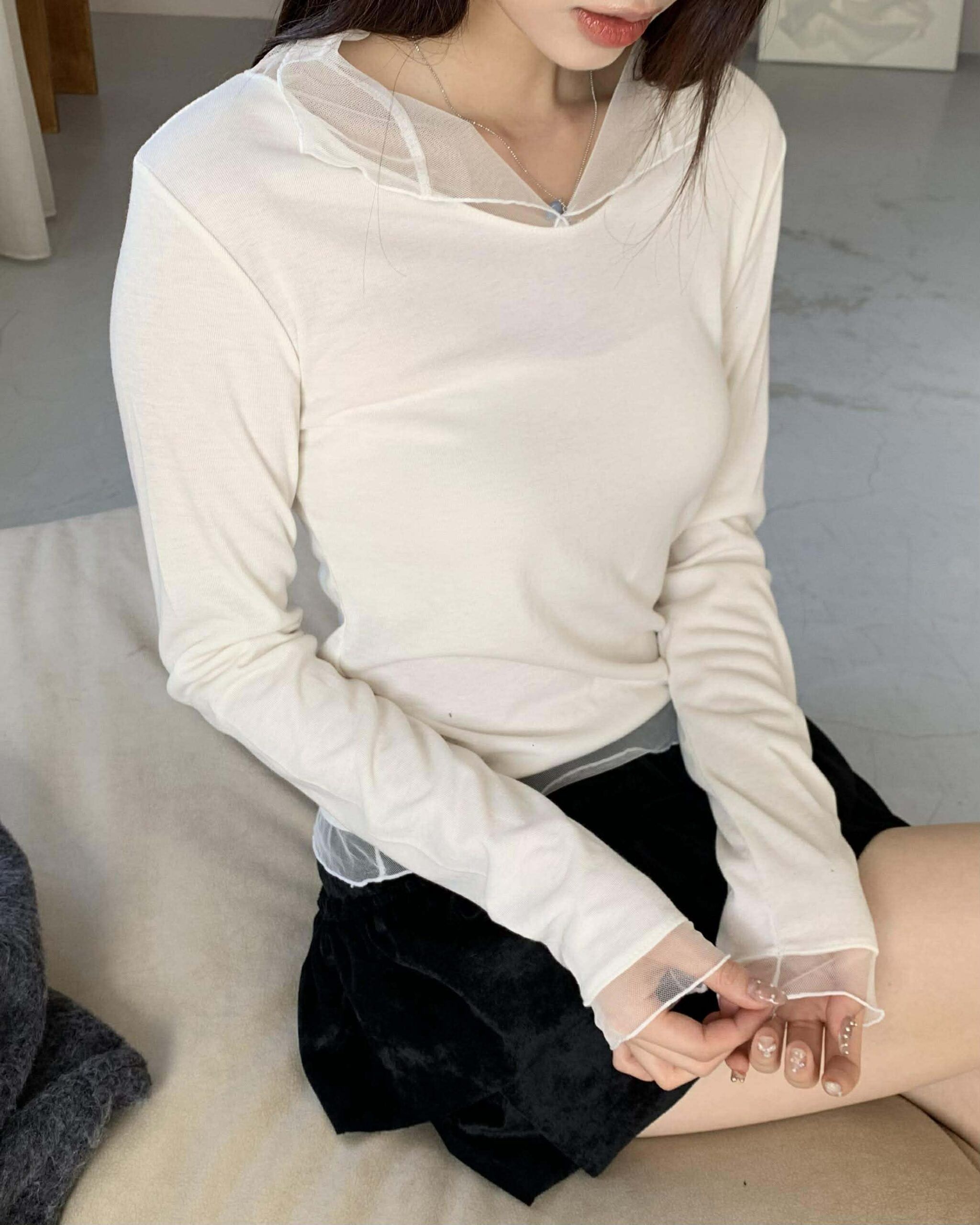 部落客款網紗層次上衣 (白)