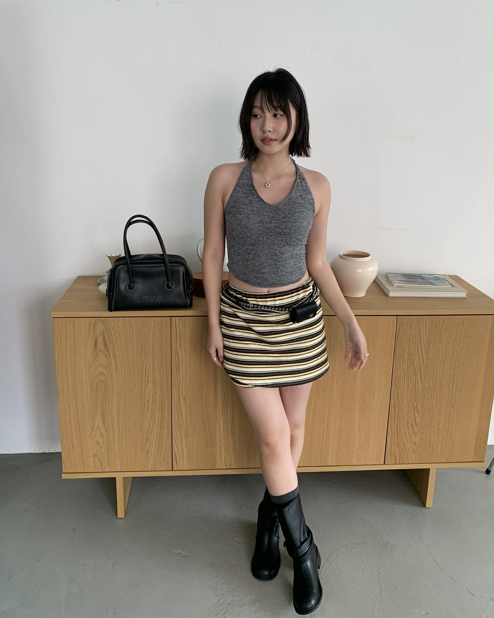 小辣妹條紋褲裙 (棕)
