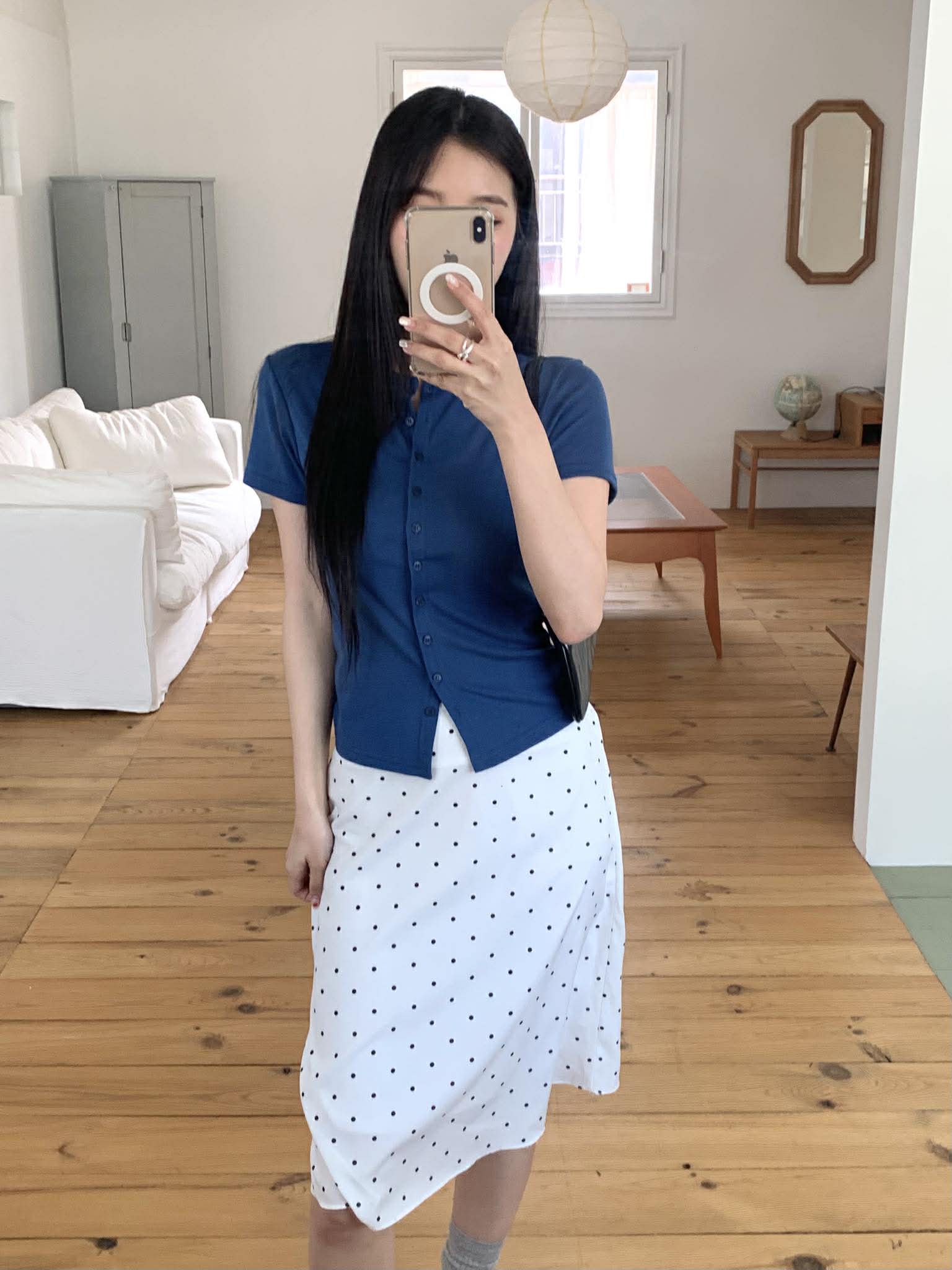 簡約排釦短袖上衣 (藍)