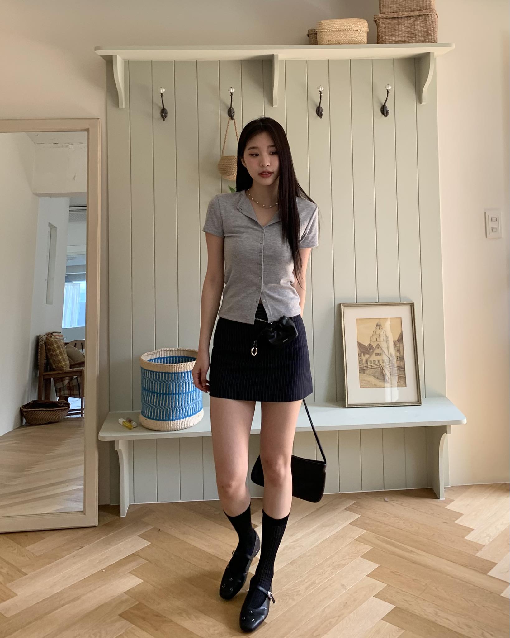 簡約排釦短袖上衣 (灰)