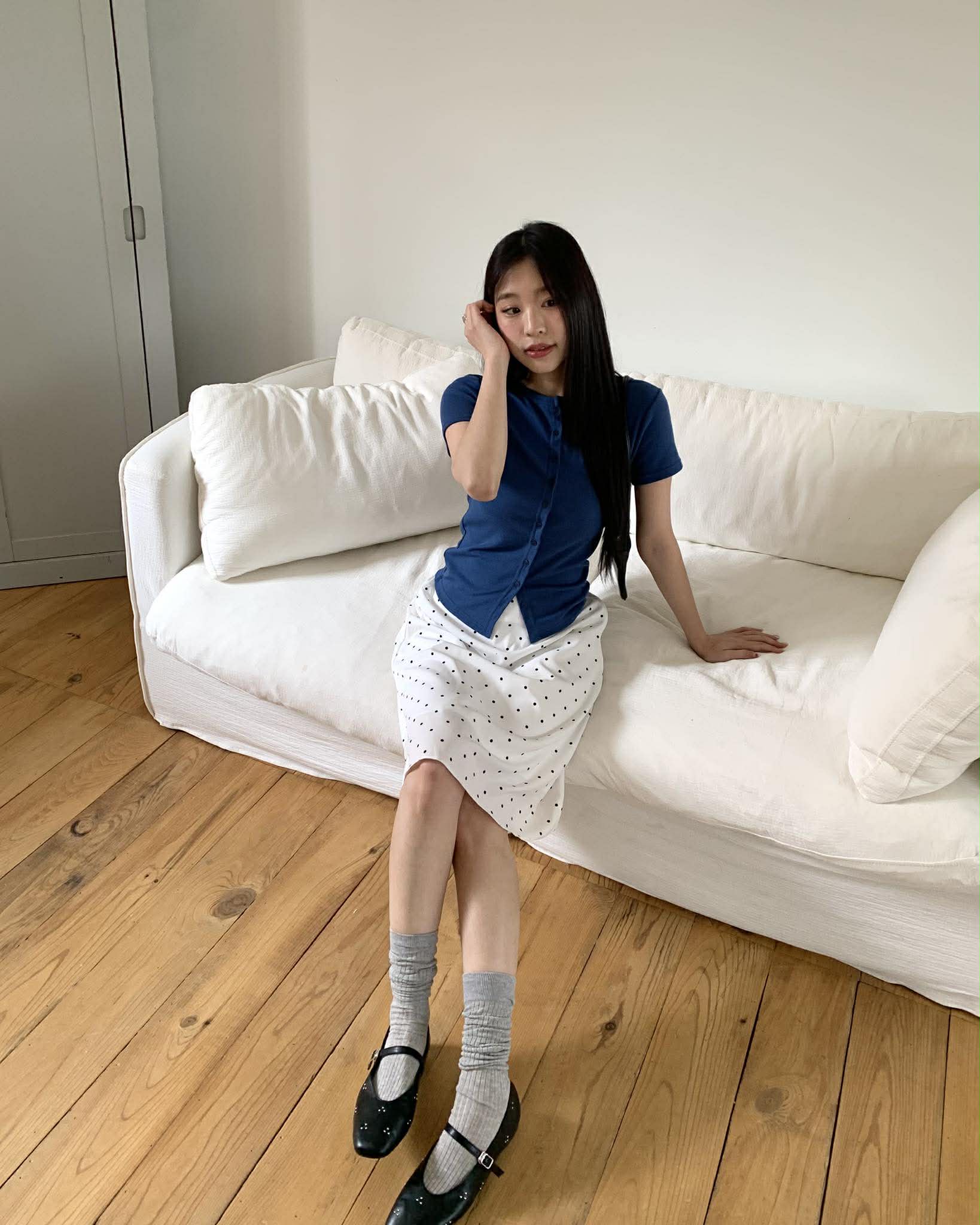 簡約排釦短袖上衣 (藍)