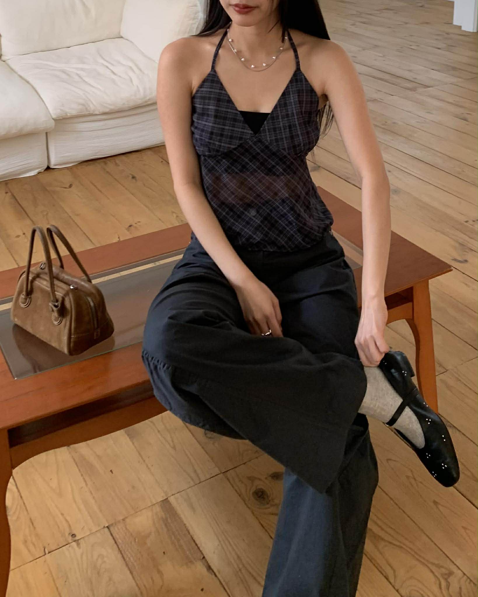 時髦格紋繞頸背心 (炭灰)