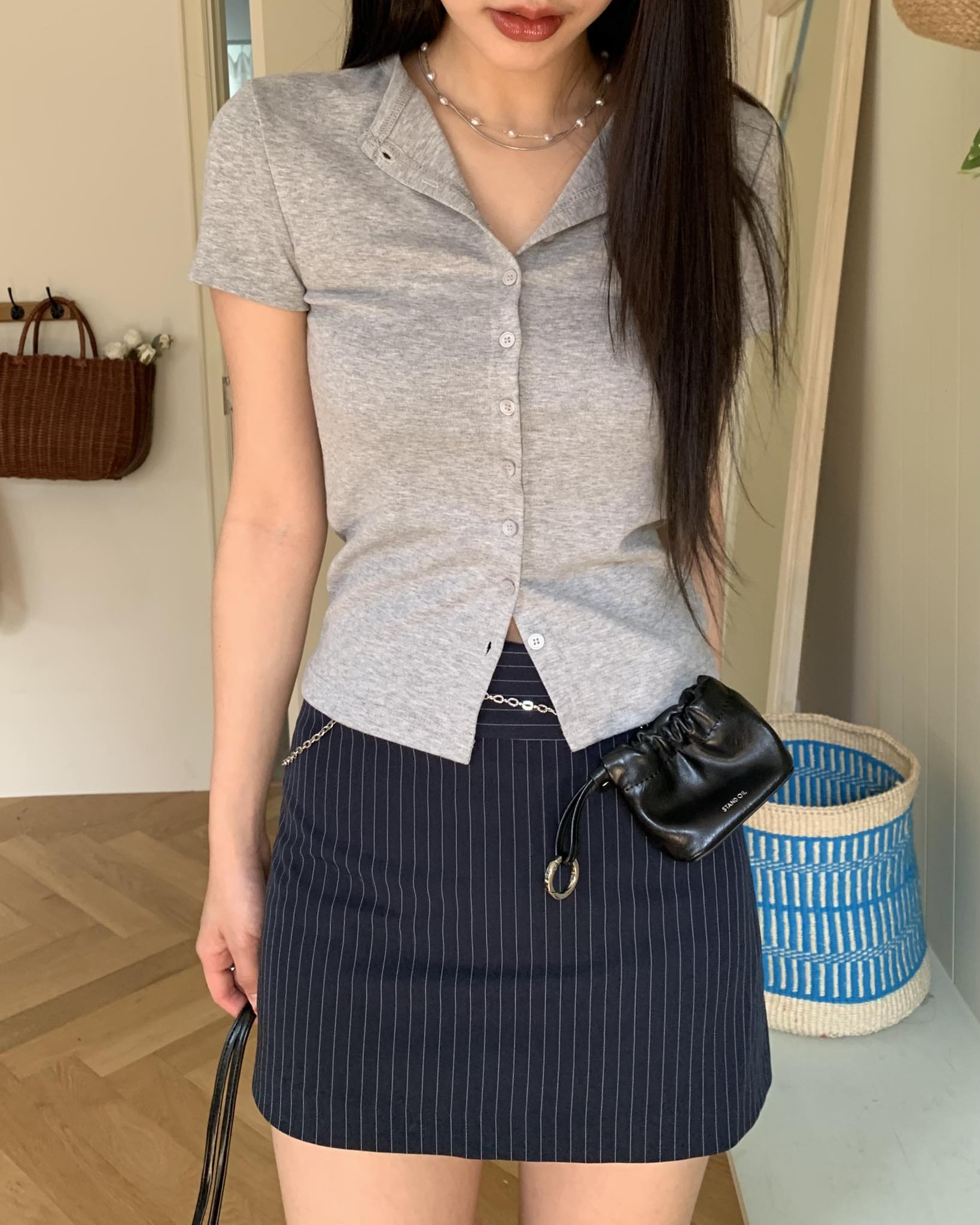 簡約排釦短袖上衣 (灰)