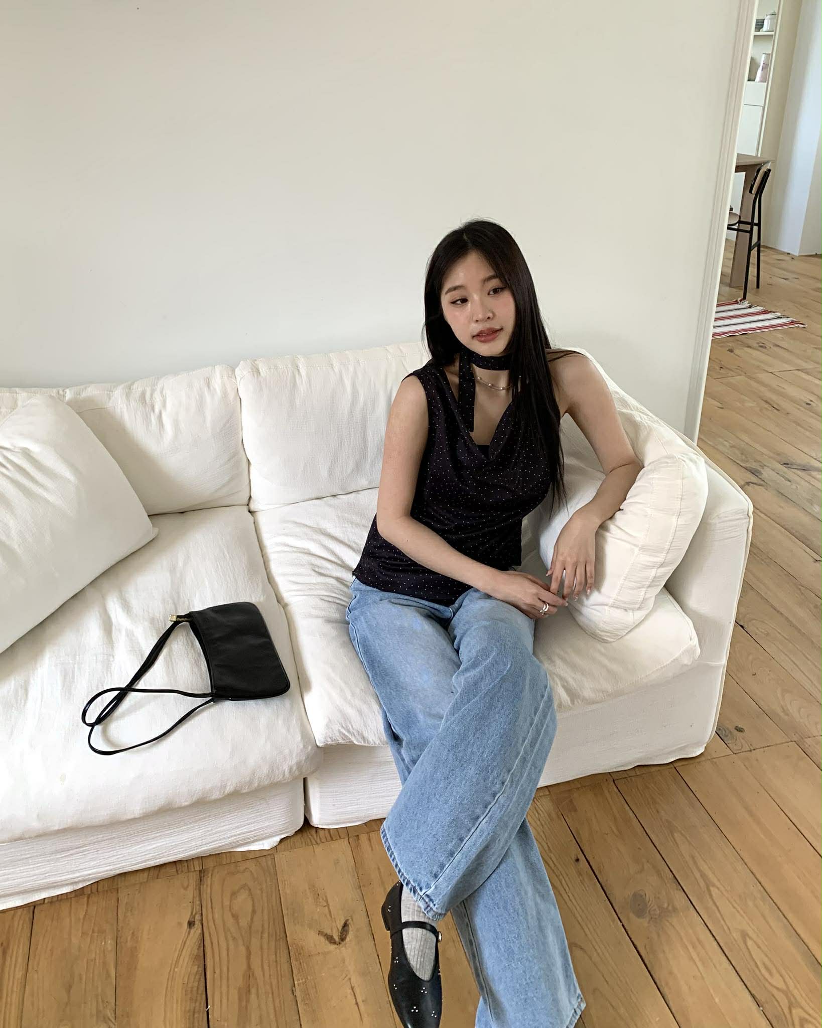 法式浪漫2way點點上衣 (黑)