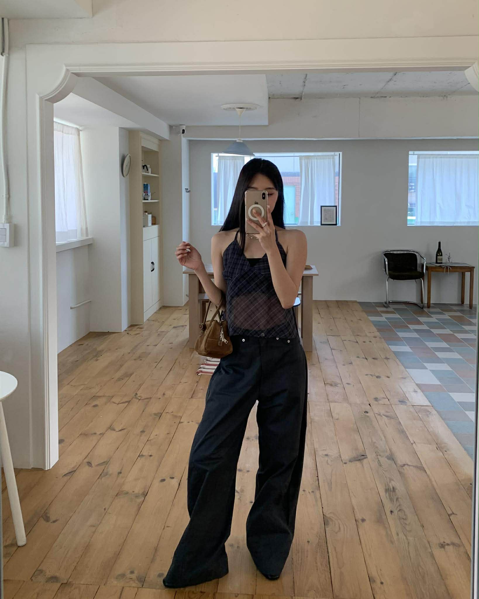 時髦格紋繞頸背心 (炭灰)