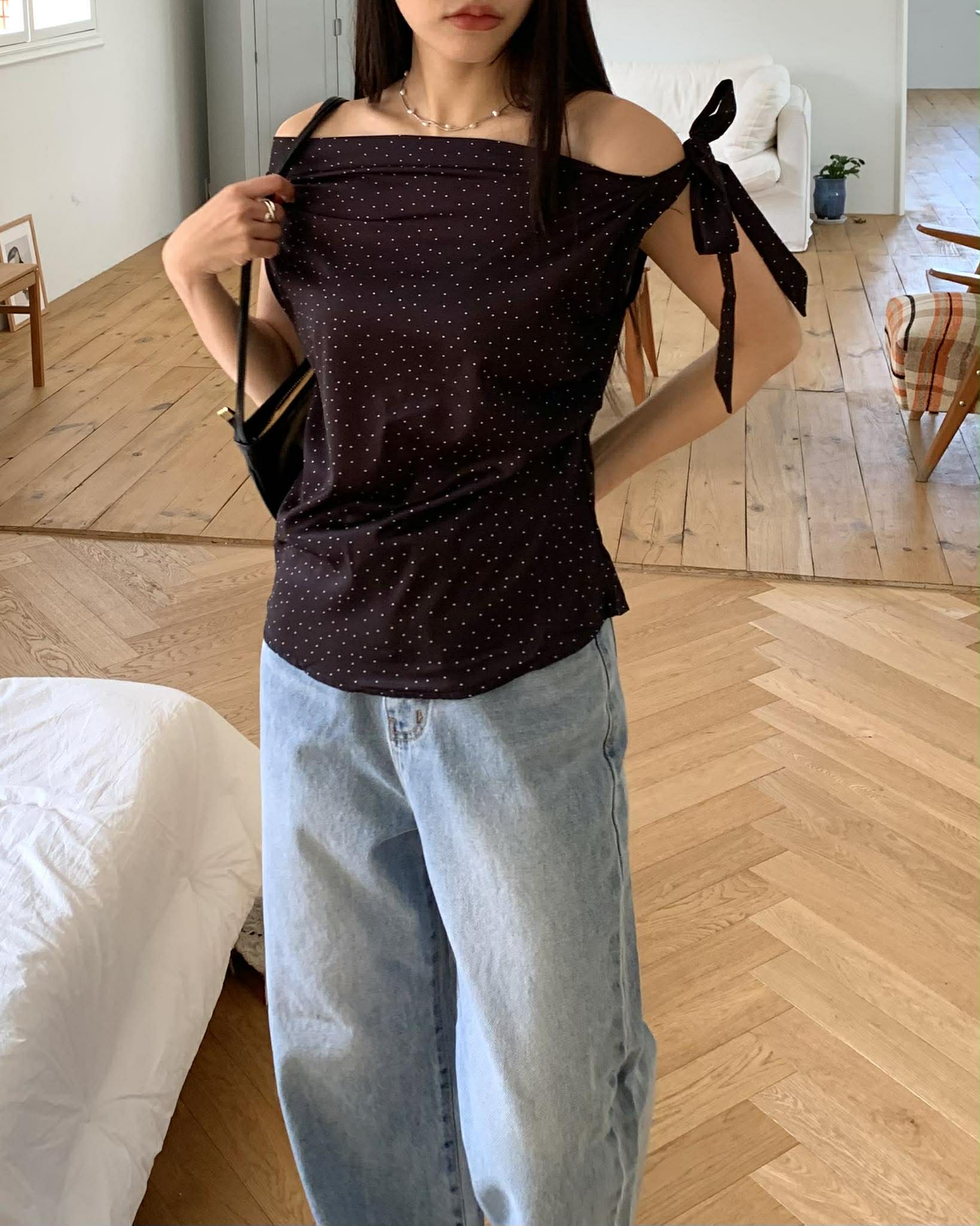 法式浪漫2way點點上衣 (黑)