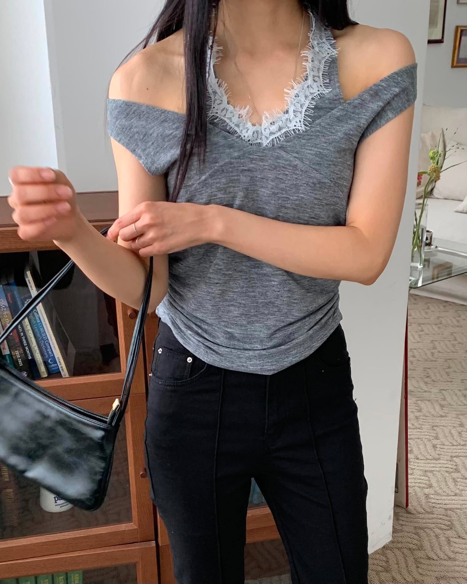 約會蕾絲睫毛上衣 (灰)