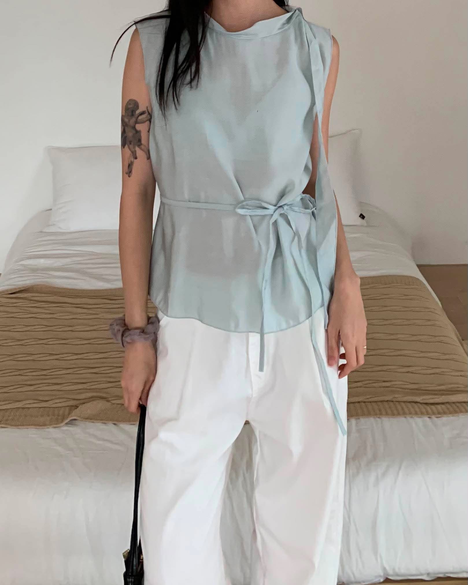 氣質美女綁帶造型背心 (水藍)