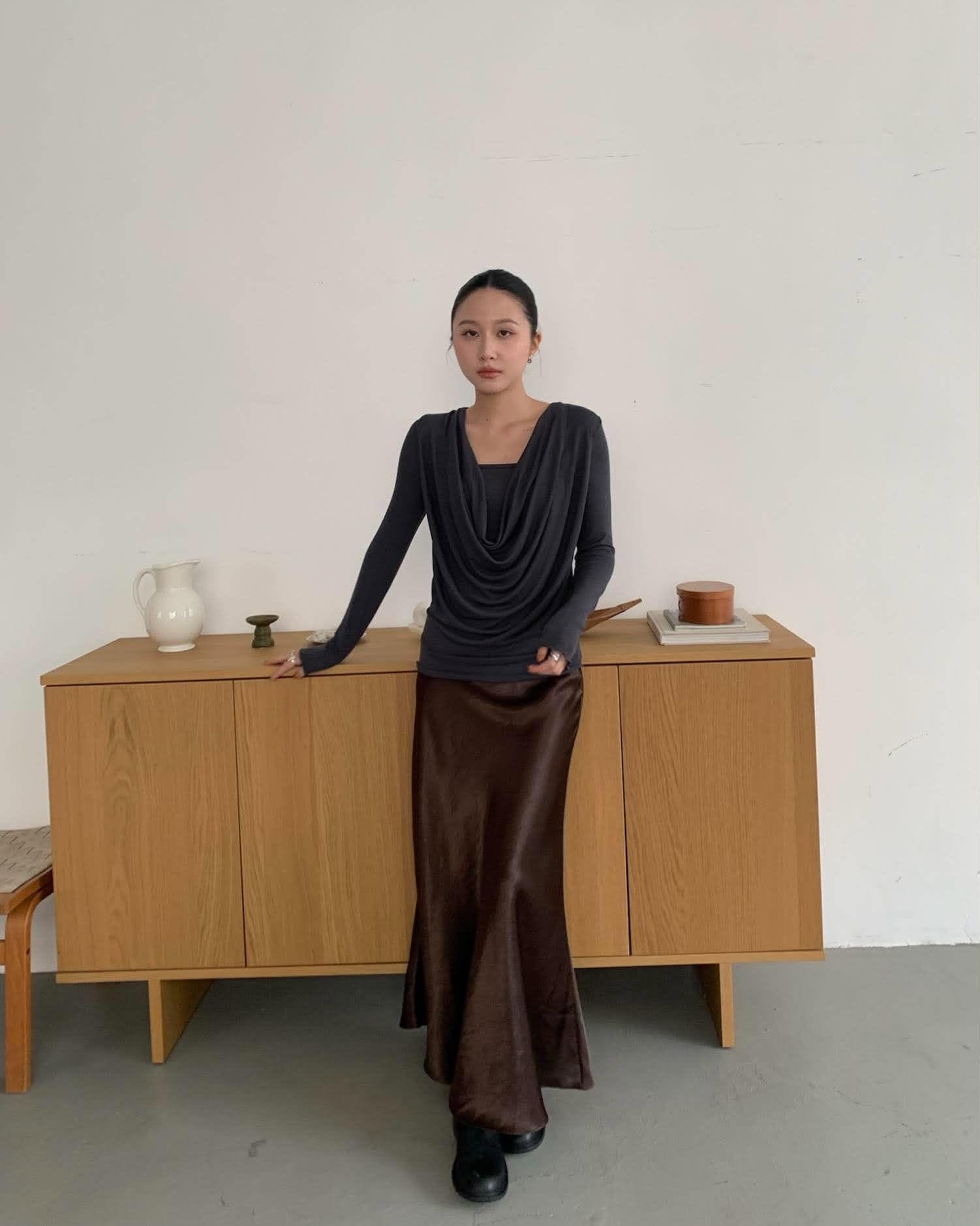 神美質感光澤長裙